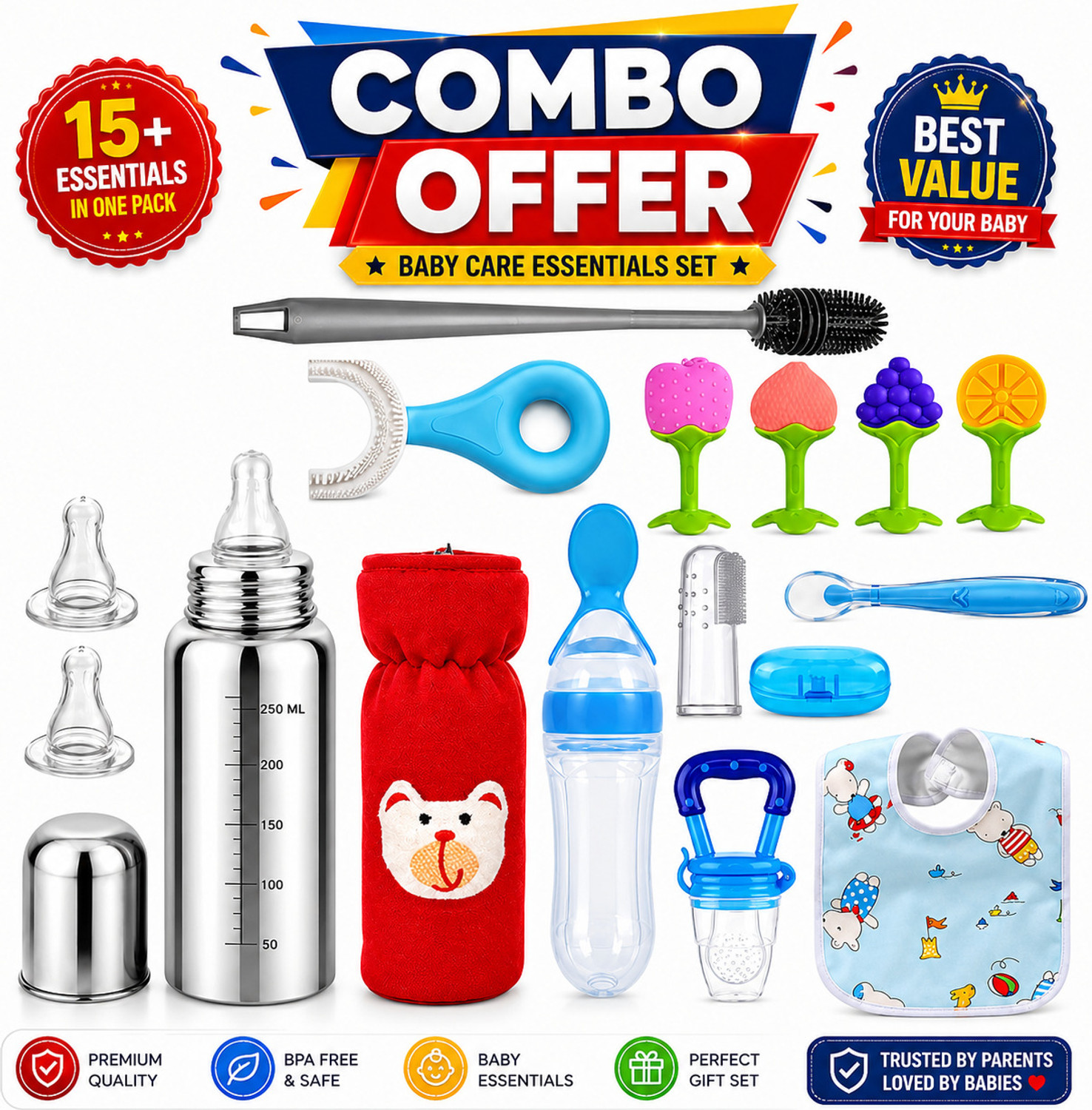Image of Y.GOYAL&CO. Baby Feeding Combo Set with Steel Bottle Bib Teether Spoon & Brush Kit
