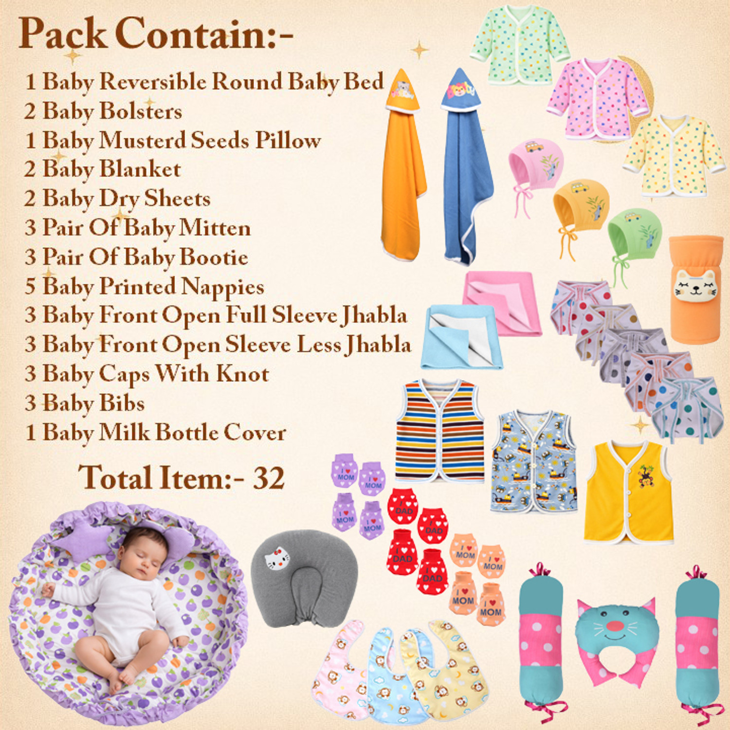 Image of Toddylon New Born Baby Reversible Bed & Daily Essential Items Combo (0-6 Month)