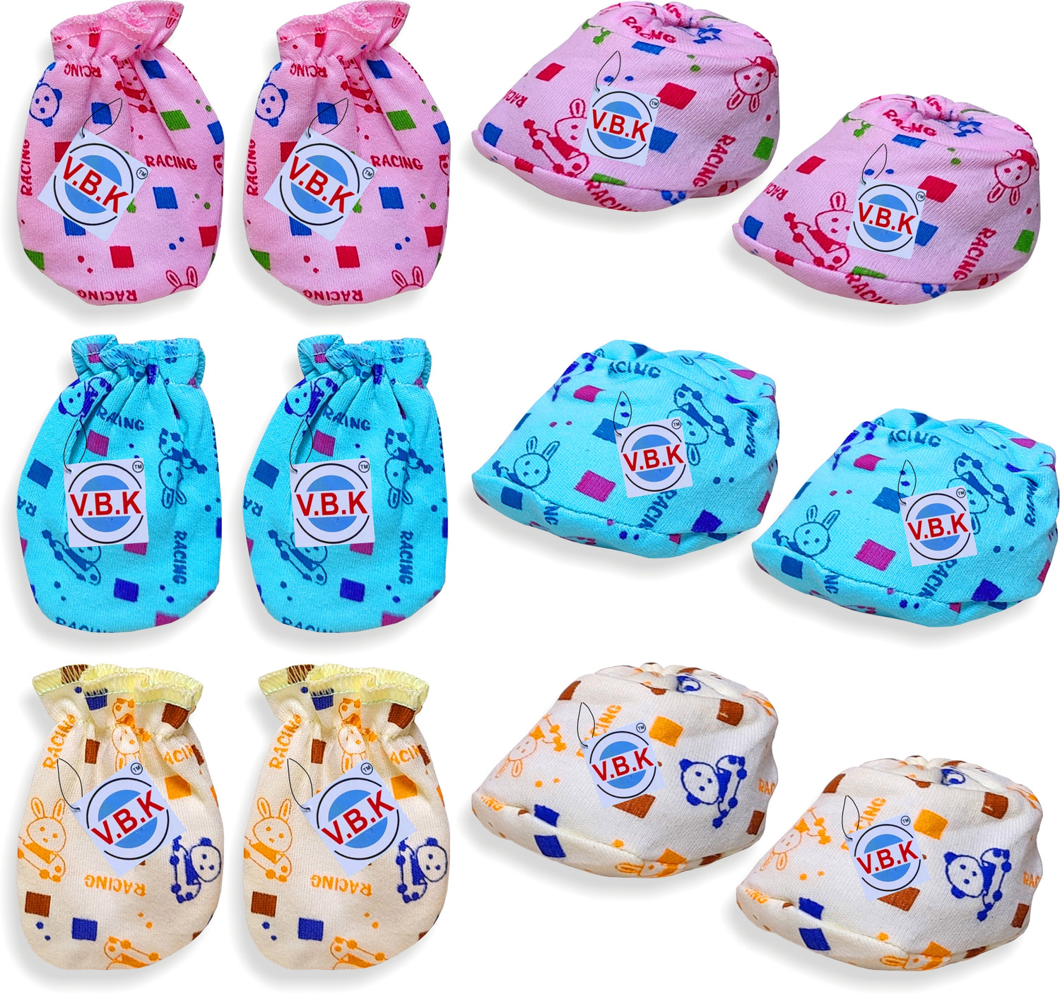 Image of V.B.K Baby Mittens and Booties Set, Pack Of 3, 0 to 6 Month, Hosiery Fabric