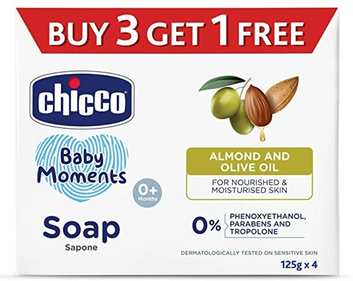 Image of Chicco Baby Moments Soap with Natural Ingredients, Suitable for Baby's Skin(125g 3 + 1) (3 x 166.67 g)