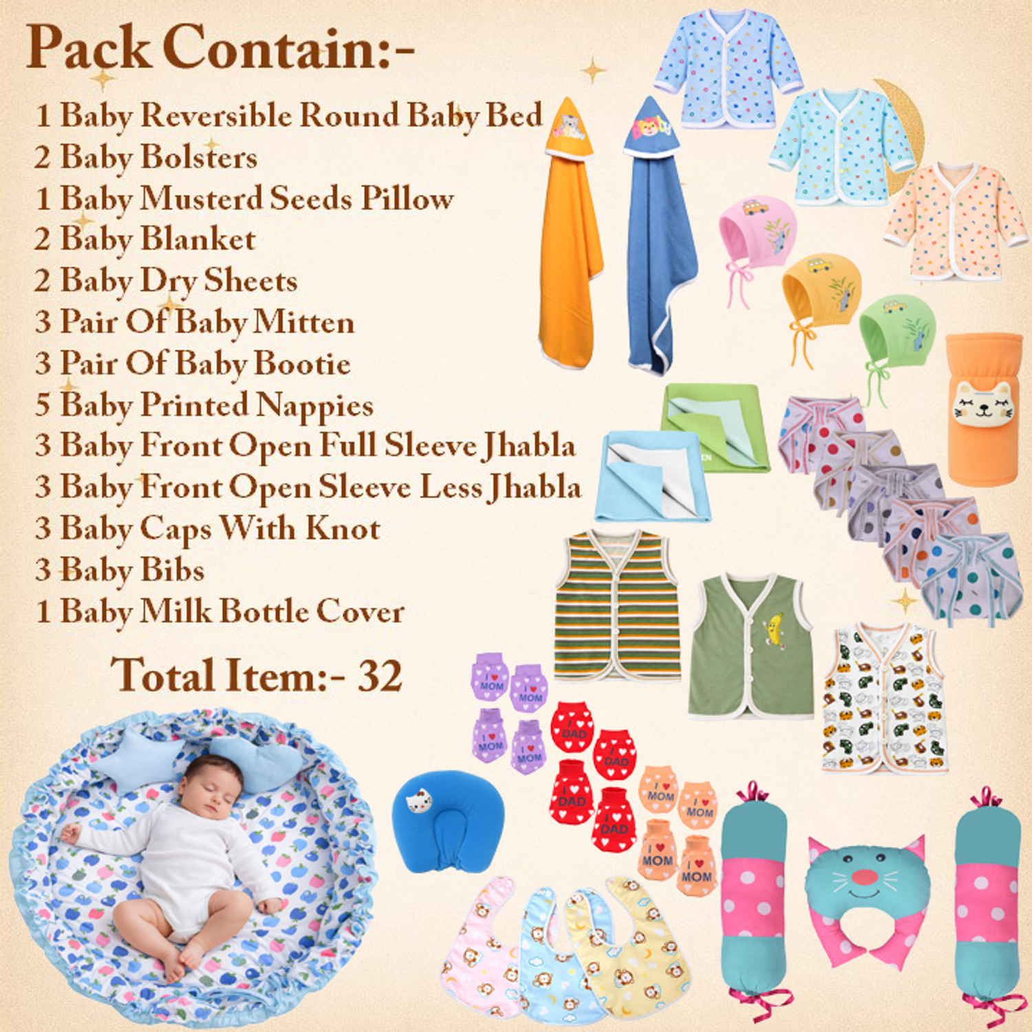 Image of Toddylon New Born Baby Reversible Bed & Daily Essential Items Combo (0-6 Month)