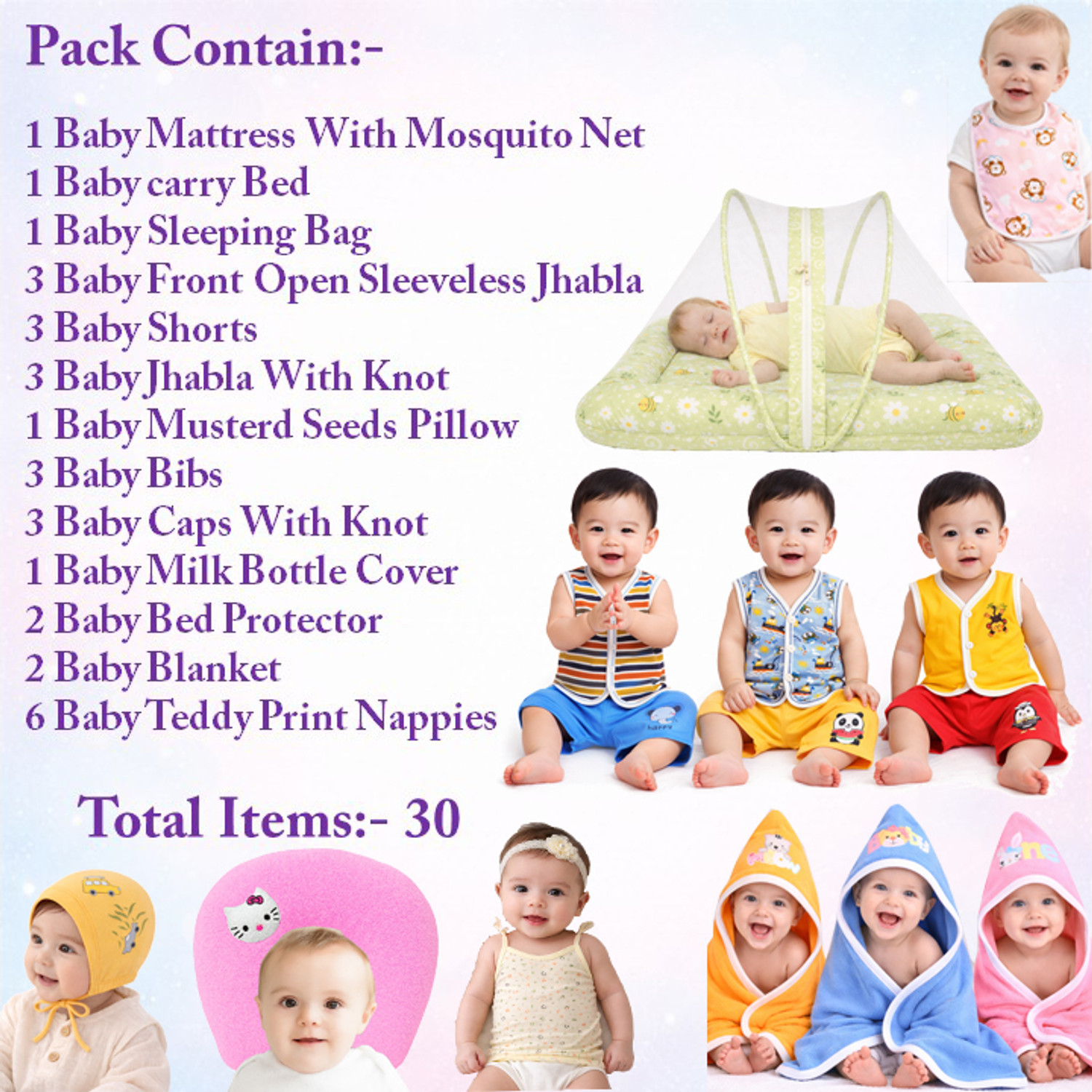 Image of Toddylon Baby Summer Combo Set with Mosquito Net, Clothes & Essentials Kit for Newborn