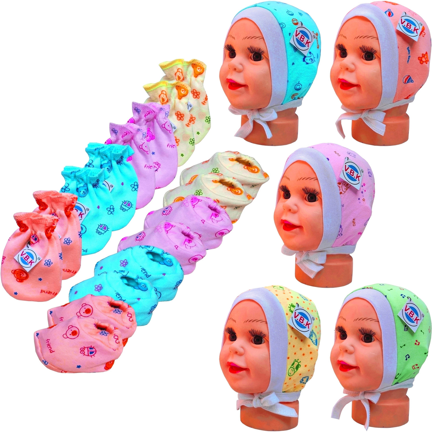 Image of V.B.K Baby Clothes With Mittens Booties and Cap Set, 0 - 6 Months, Hosiery Fabric