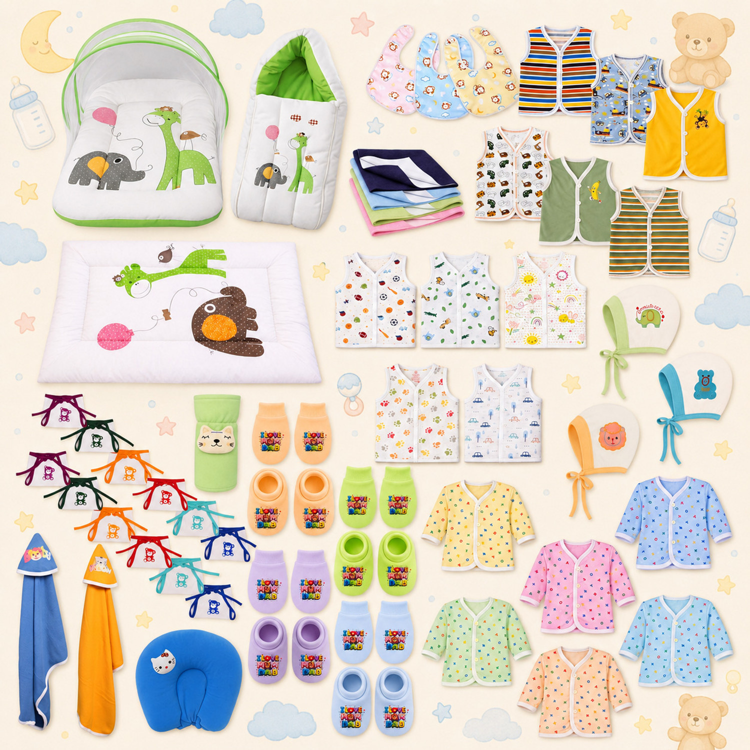 Image of Toddylon New Born Baby Bedding & Clothing 54 Items Combo Pack