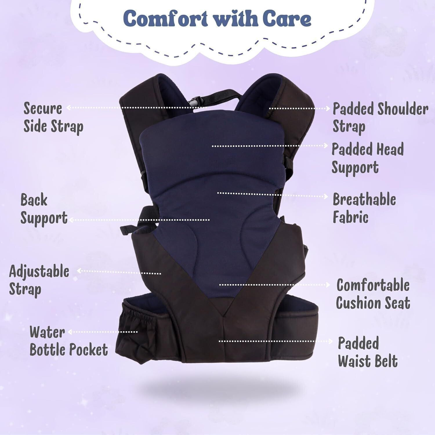 Image of Laee cute Baby Carrier Bag with Hip Seat | Adjustable Straps & Padded Support | Baby Carrier