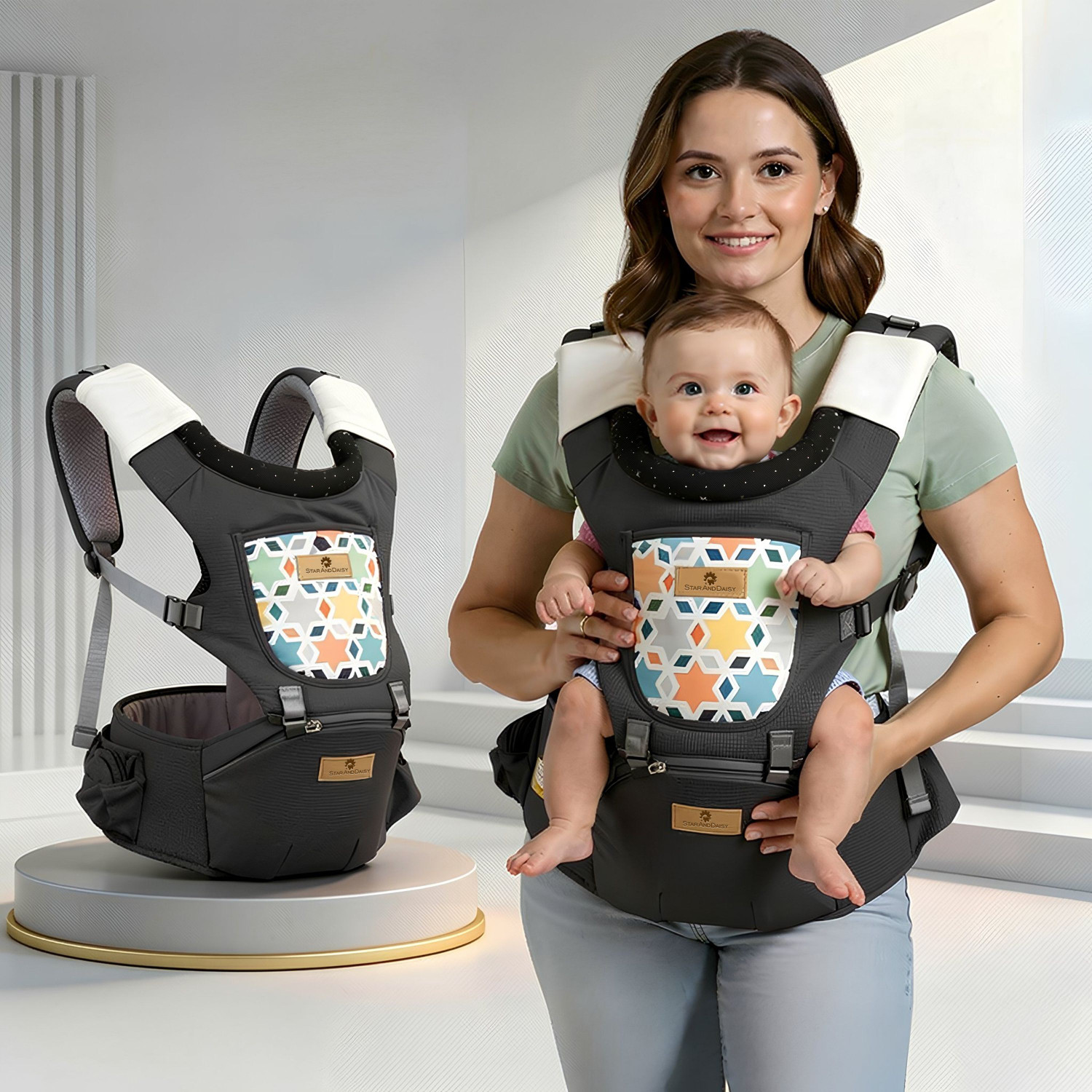Image of StarAndDaisy 4 in 1 Baby Carrier with Hip Seat, Adjustable Carrier for Newborn to Toddler Baby Carrier
