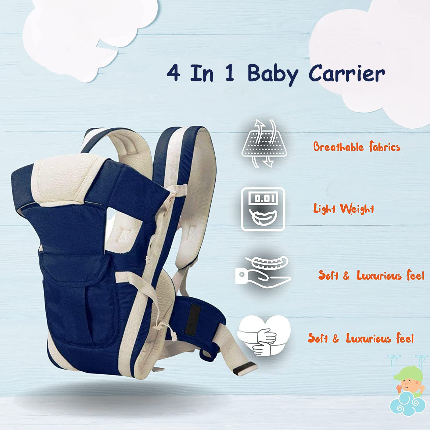 Image of Smily kid Baby Carrier Bag for 0 to 2 Years, 4-in-1 Position, Soft & Comfortable Baby Carrier