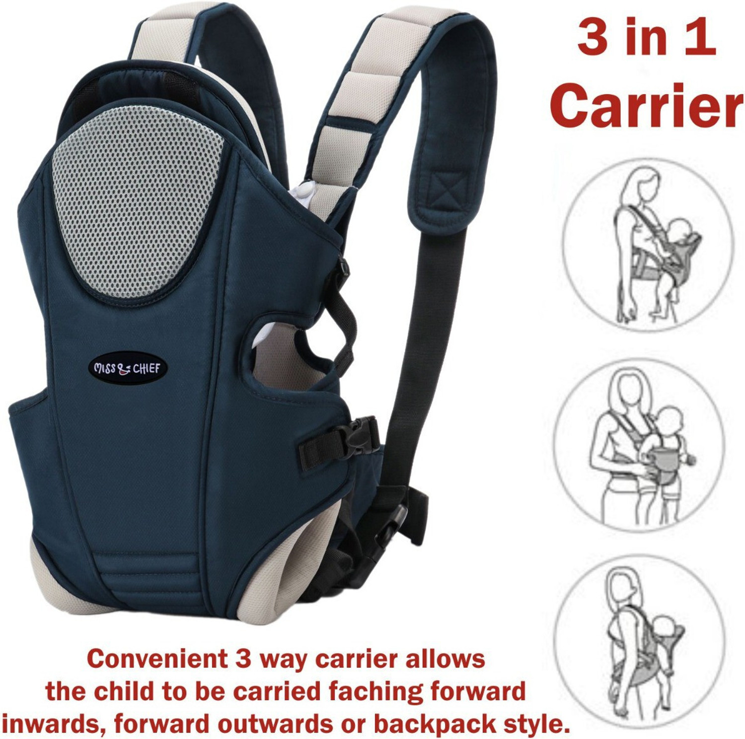 Image of Miss & Chief by Flipkart 3 Way Baby Carrier With Detachable Bib & Head Cushion Baby Carrier