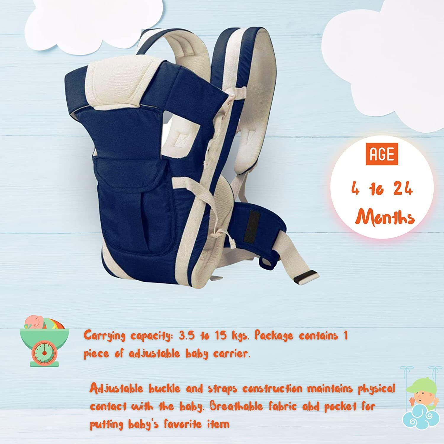 Image of Smily kid Baby Carrier Bag for 0 to 2 Years, 4-in-1 Position, Soft & Comfortable Baby Carrier