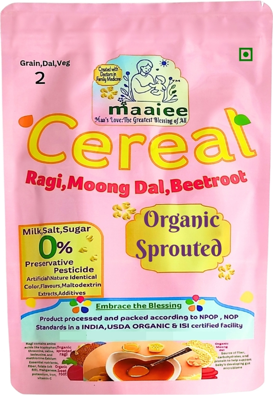 Image of MAAIEE Sprouted Ragi Moong Beetroot Cereal, No Sugar, Milk No Preservatives Cereal