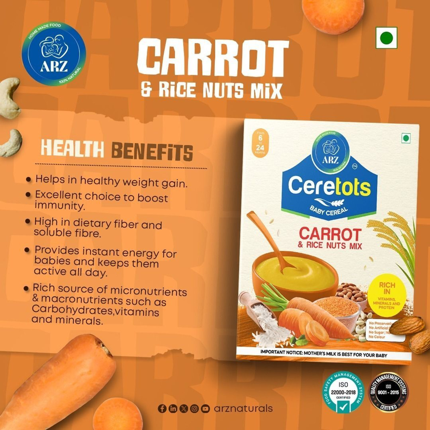 Image of arz home made food ARZ CERETOTS CARROT RICE & NUTS MIX Baby Cereal,,Kids Food,Infant Food Cereal
