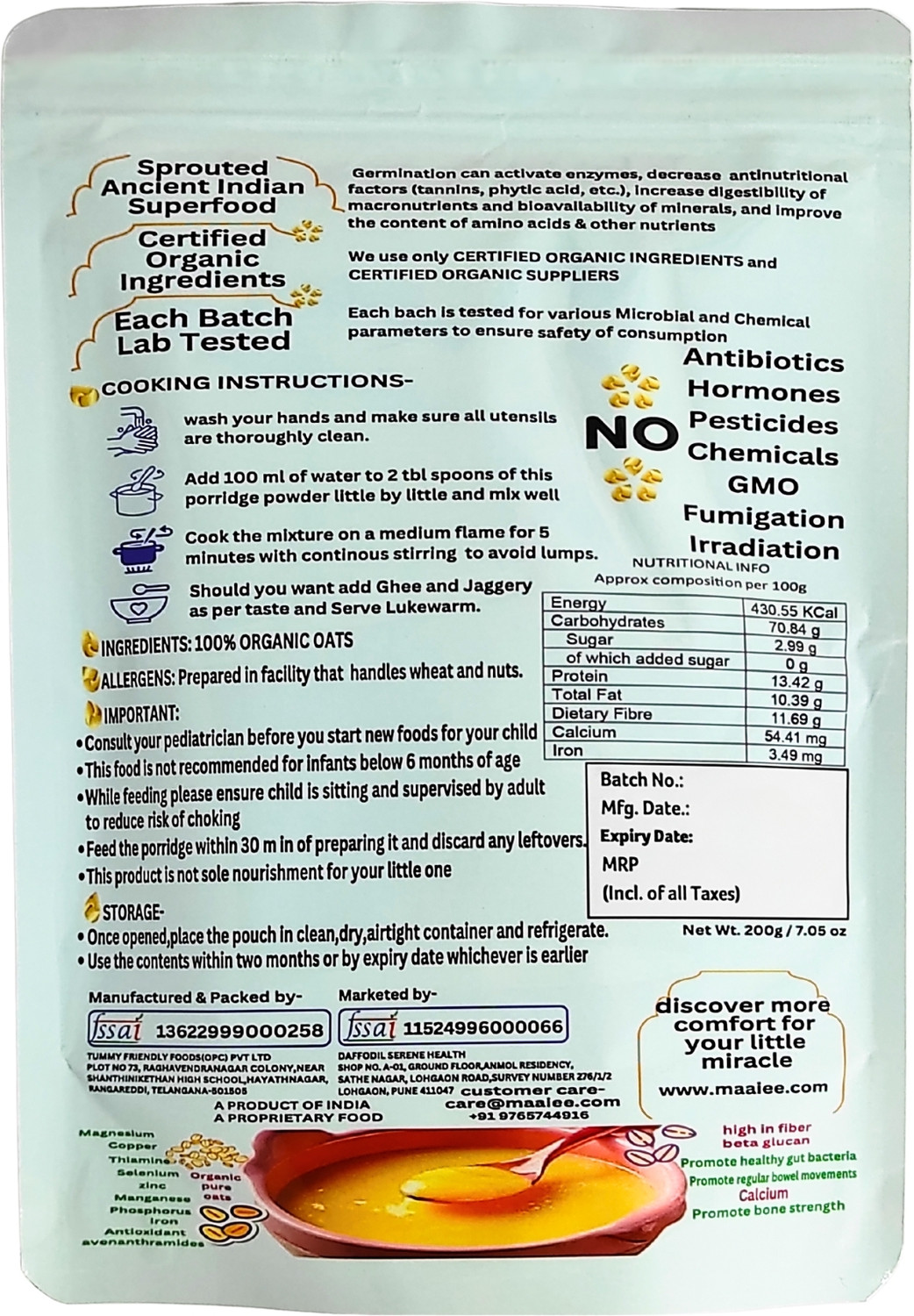 Image of MAAIEE Organic Oats Baby Cereal Rich in Protein & Fibre,No Sugar, Milk No Preservatives Cereal