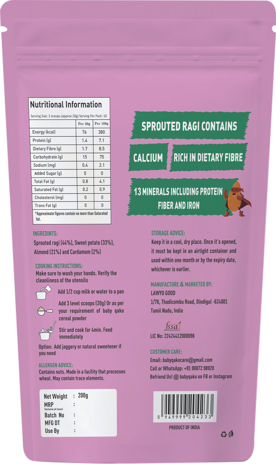 Image of BABY QAKO Sprouted Ragi, Sweet Potato Porridge Mix / No Preservatives | Instant Cereal
