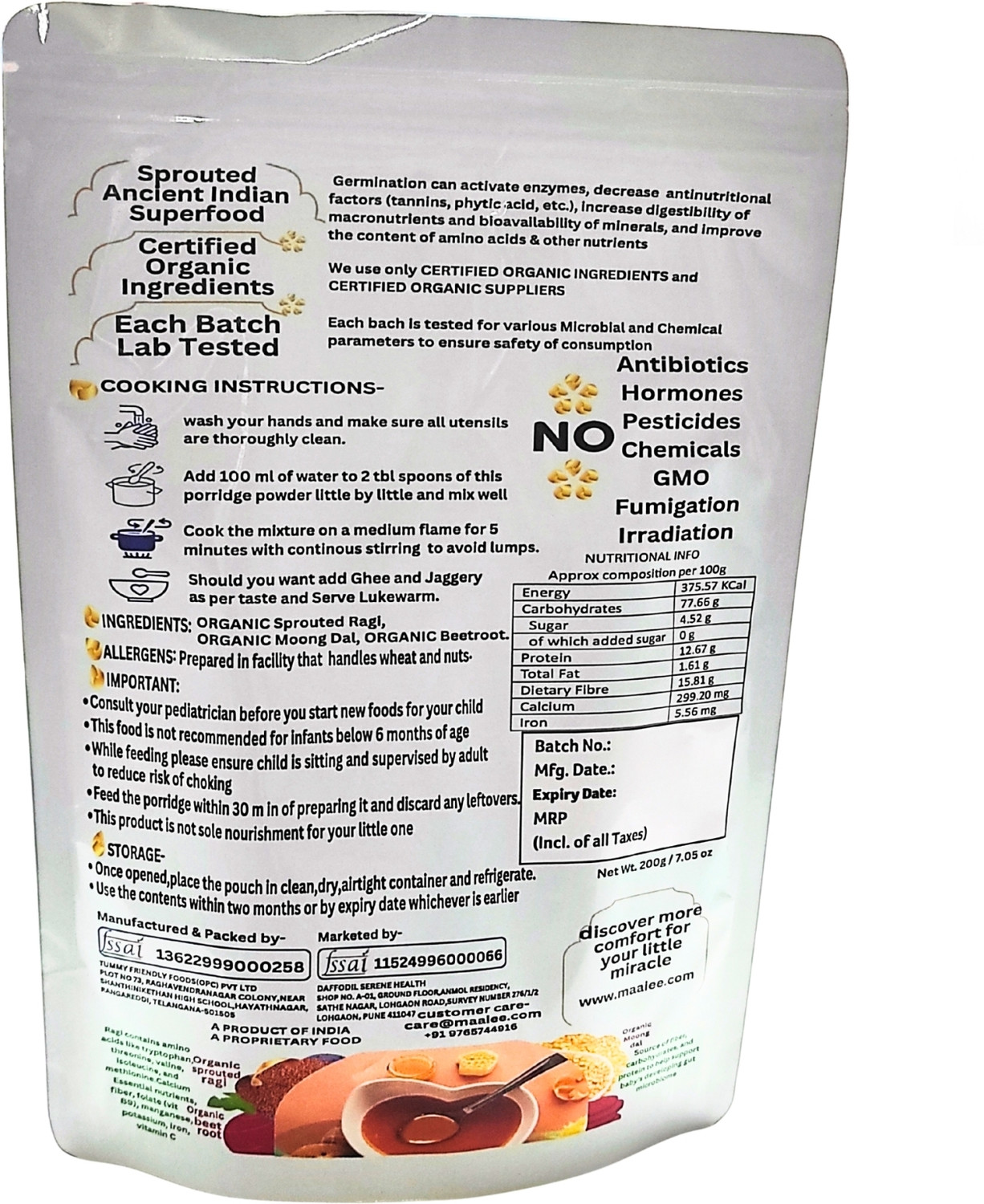 Image of MAAIEE Sprouted Ragi Moong Beetroot Cereal, No Sugar, Milk No Preservatives Cereal
