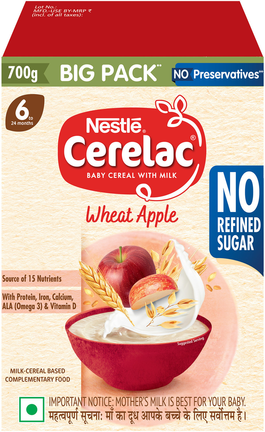 Image of Nestle Cerelac Wheat Apple Baby Food Cereal, No Refined Sugar, for 6-24 Months Baby, Big Pack Cereal