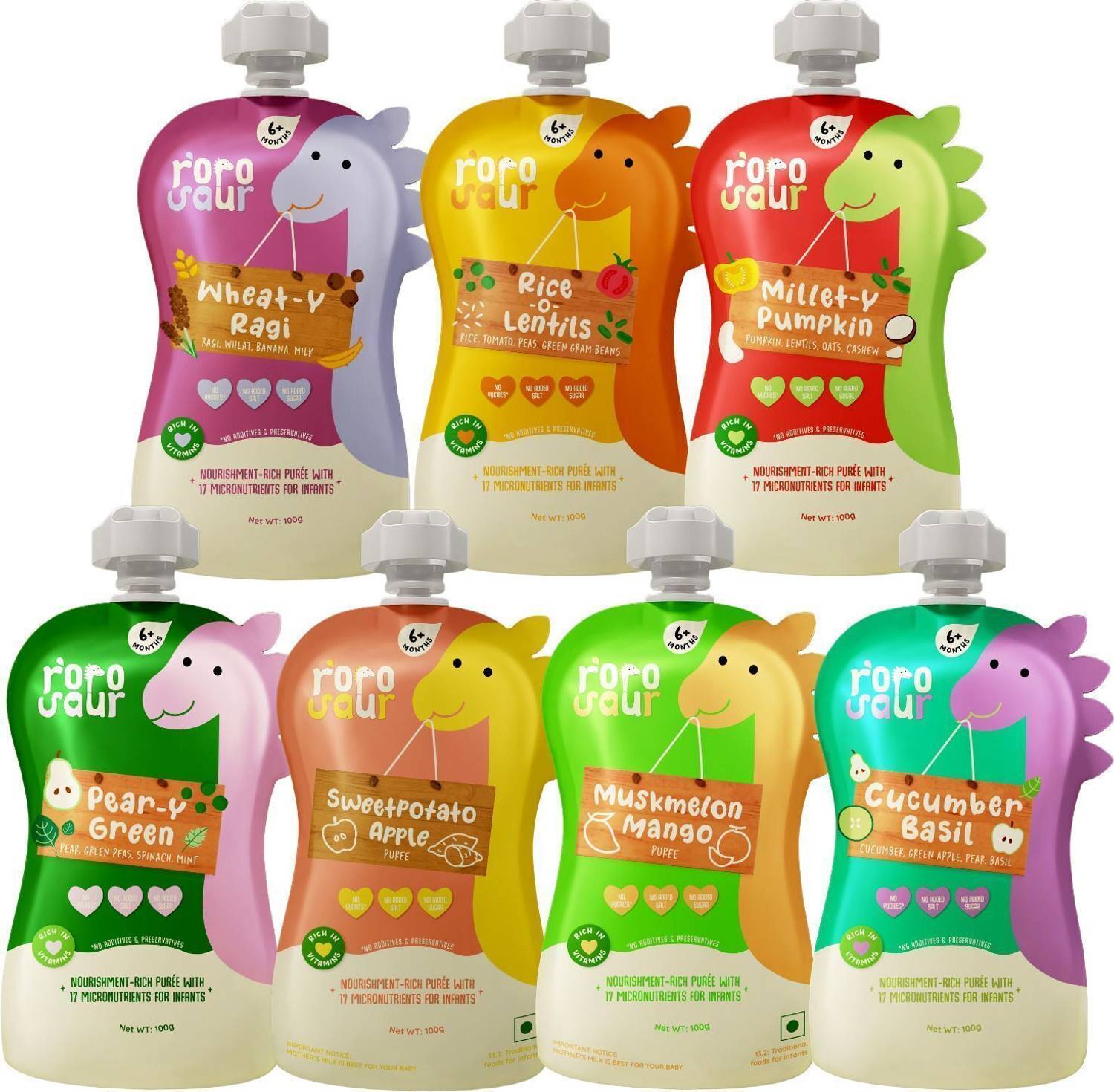 Rorosaur Ready to Eat Puree Baby Food Trial Pack - Combo of 7 Fla