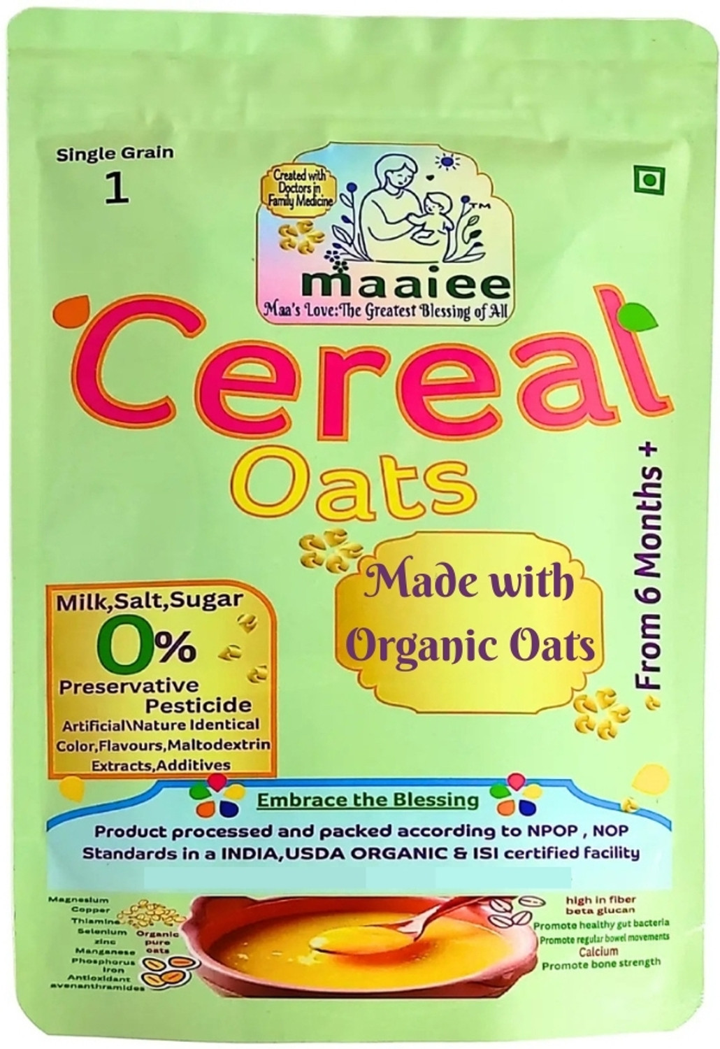 Image of MAAIEE Organic Oats Baby Cereal Rich in Protein & Fibre,No Sugar, Milk No Preservatives Cereal
