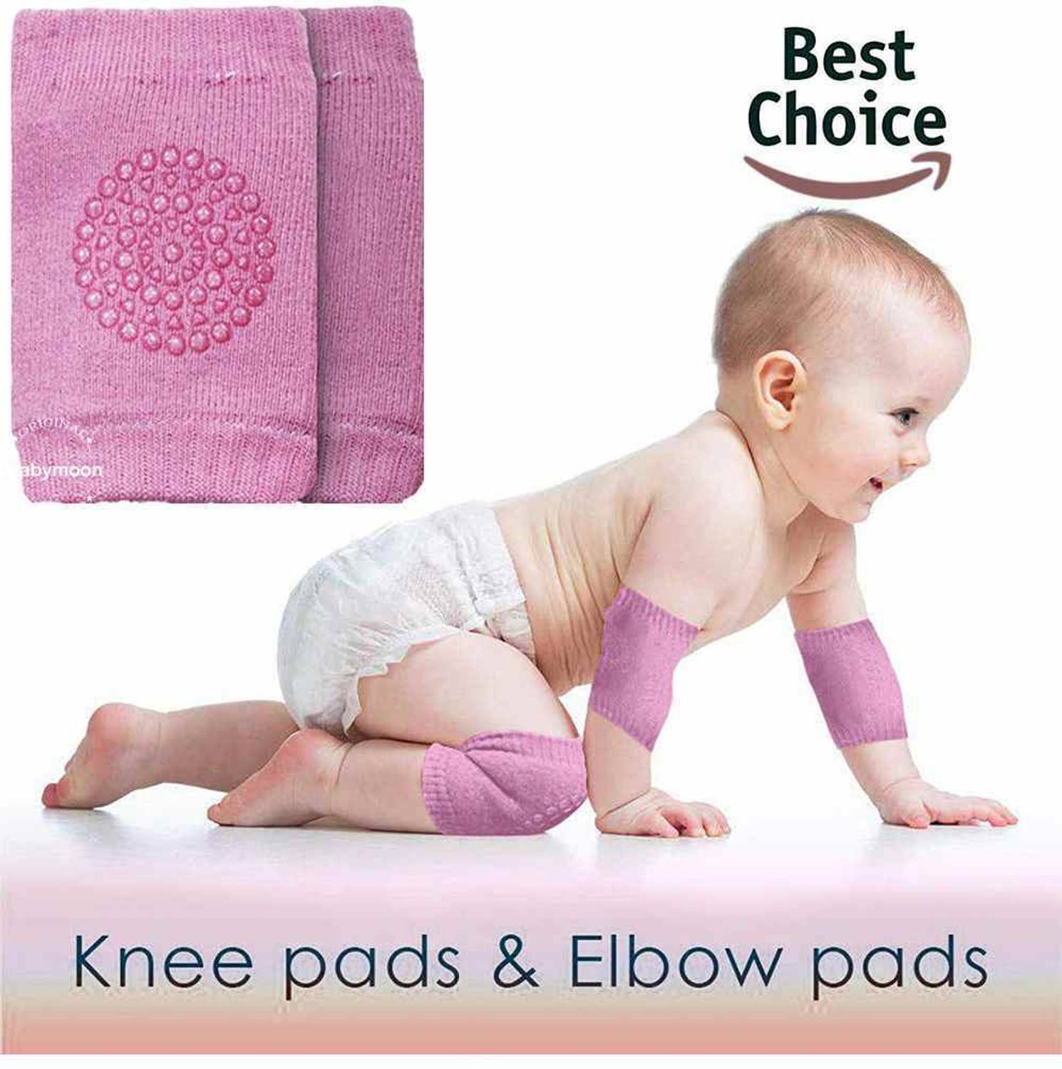 BABYMOON Crawling, Anti-Slip Padded Stretchable Knee Elbow Safety Protector Baby Pink 1 Baby Knee Pads