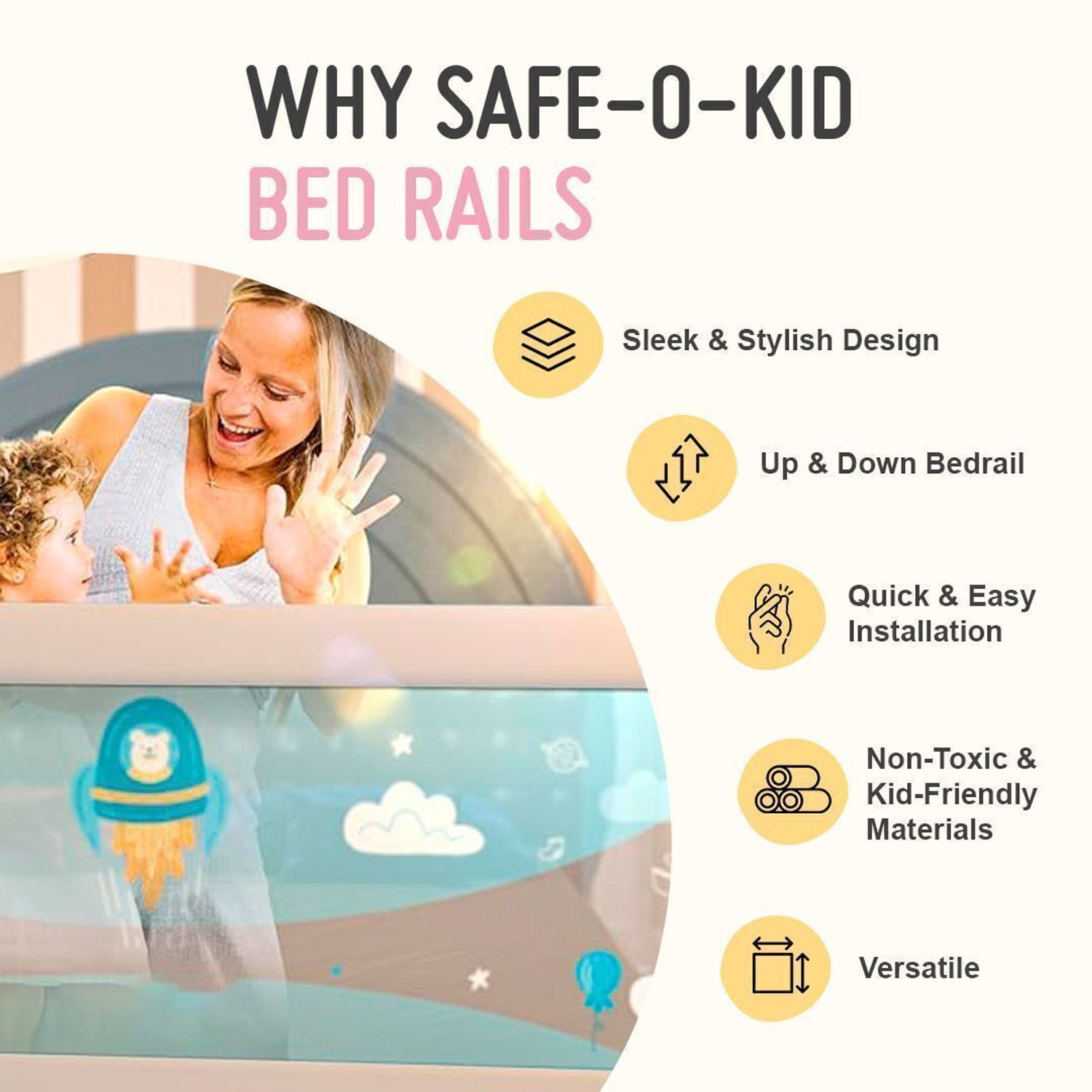 Image of Safe-o-kid 3 Side Baby Bed Rail with 1-Year Warranty 6Ft /182CM Bed railing for baby safety