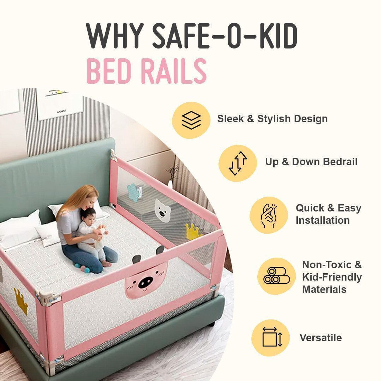 Image of Safe-o-kid 3 Side Baby Bed Rail with 1-Year Warranty 6Ft /182CM Bed railing for baby safety