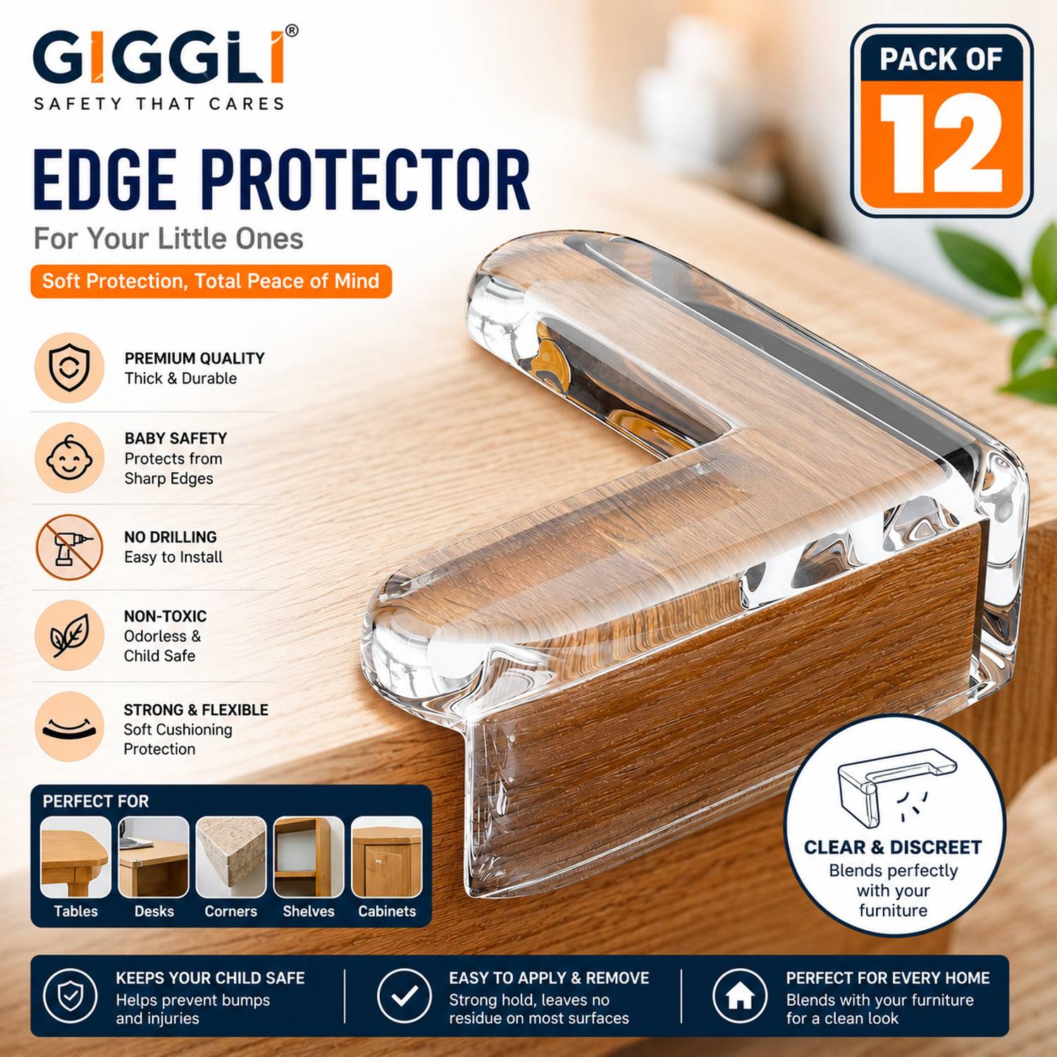 Giggli Silicone Corner Guards Pack of 12 | Baby Safety Edge Protector