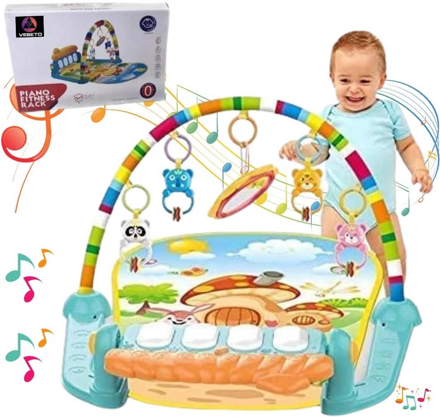 BHVMEY Baby Tummy Time Play Mat with Music, Kick Piano and Hanging Rings