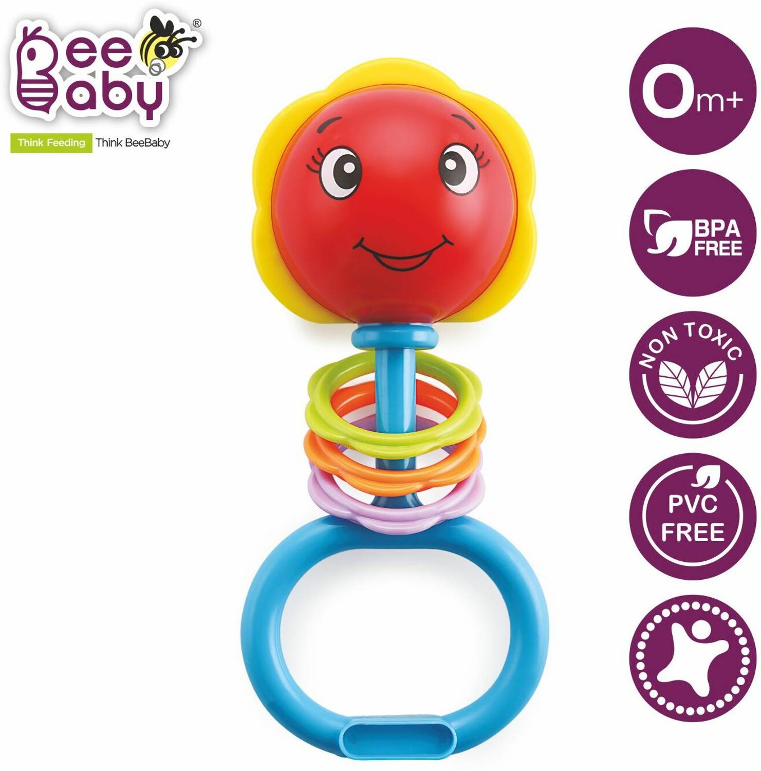 Beebaby Noggin Stick Rattle. Colourful musical toys for baby. 100% BPA FREE 0-6 Months. Rattle