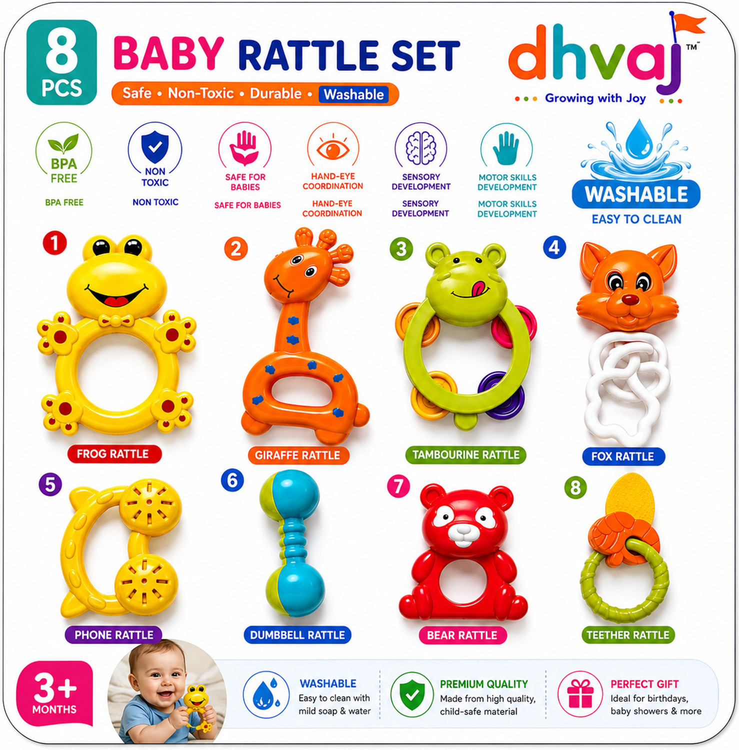 Image of DHVAJ Toddlers buddy rattle set Toys for kids 8 pcs Rattle
