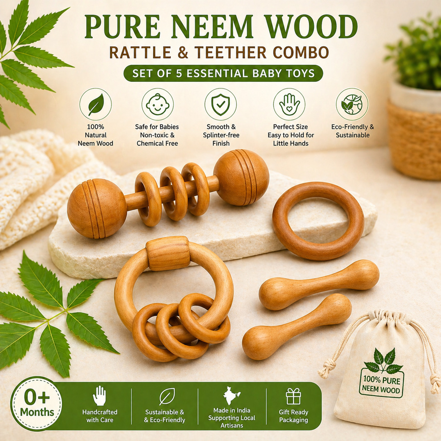 Image of Shreeja Shilpcraft Pure Neem Wood Baby Rattle & Teether Combo Set of 5 Natural Rattle
