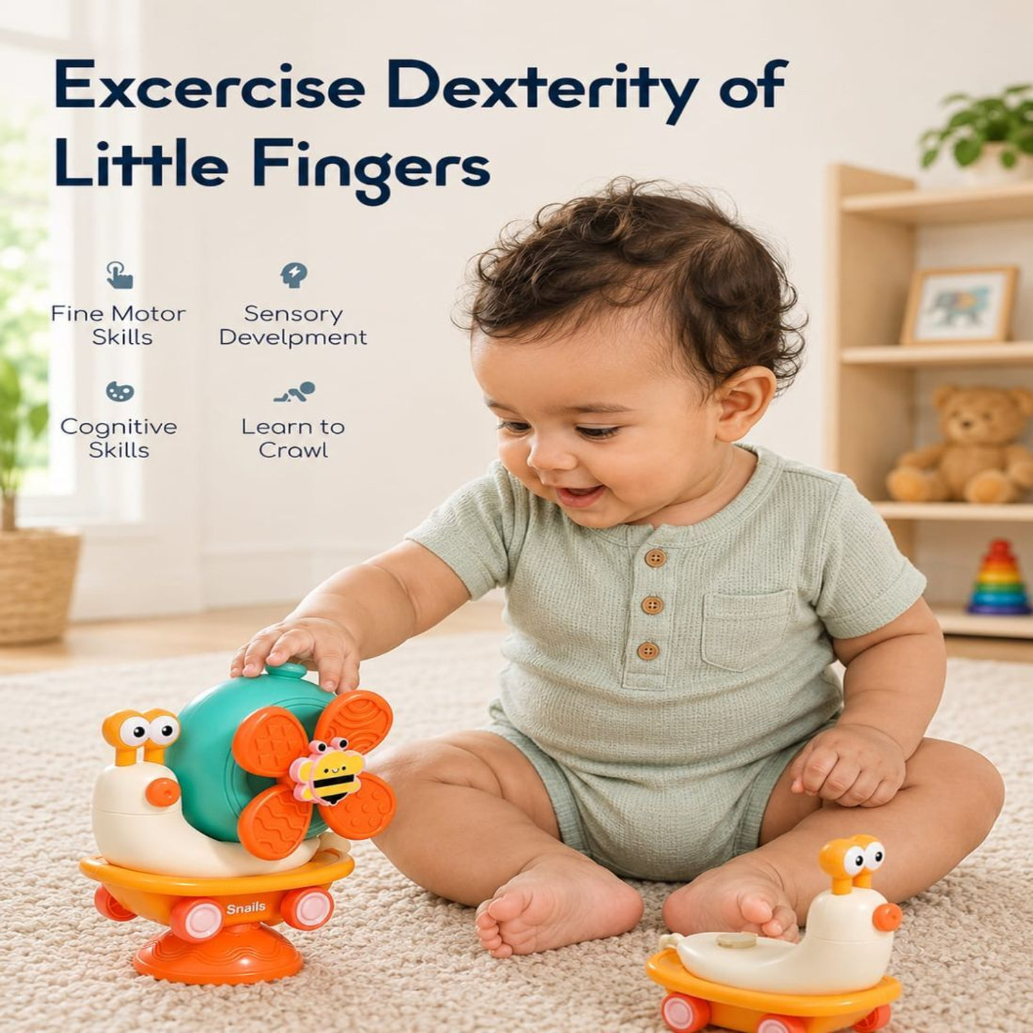 Image of TOYNDIA 5-in-1 Snail Spinner Suction Toy, Boys & Girls-Convertible Friction Powered Car Rattle