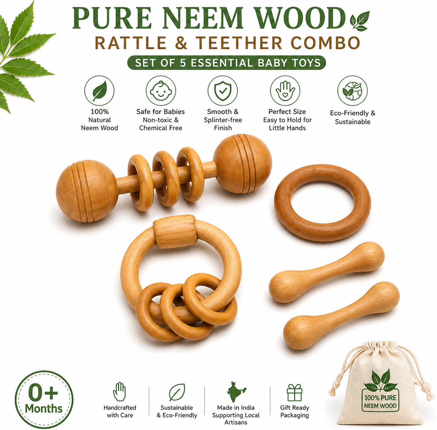 Image of Shreeja Shilpcraft Pure Neem Wood Baby Rattle & Teether Combo Set of 5 Natural Rattle