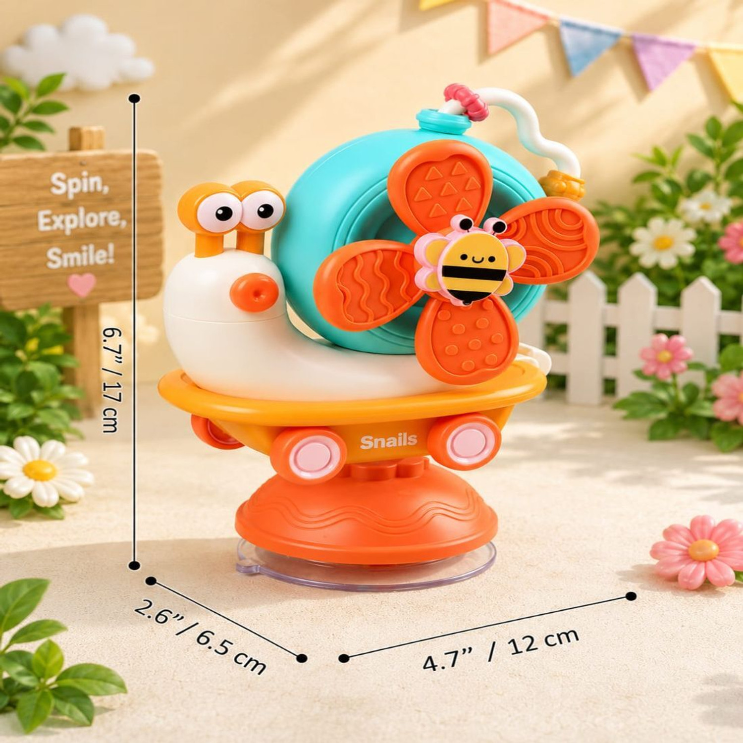 Image of TOYNDIA 5-in-1 Snail Spinner Suction Toy, Boys & Girls-Convertible Friction Powered Car Rattle