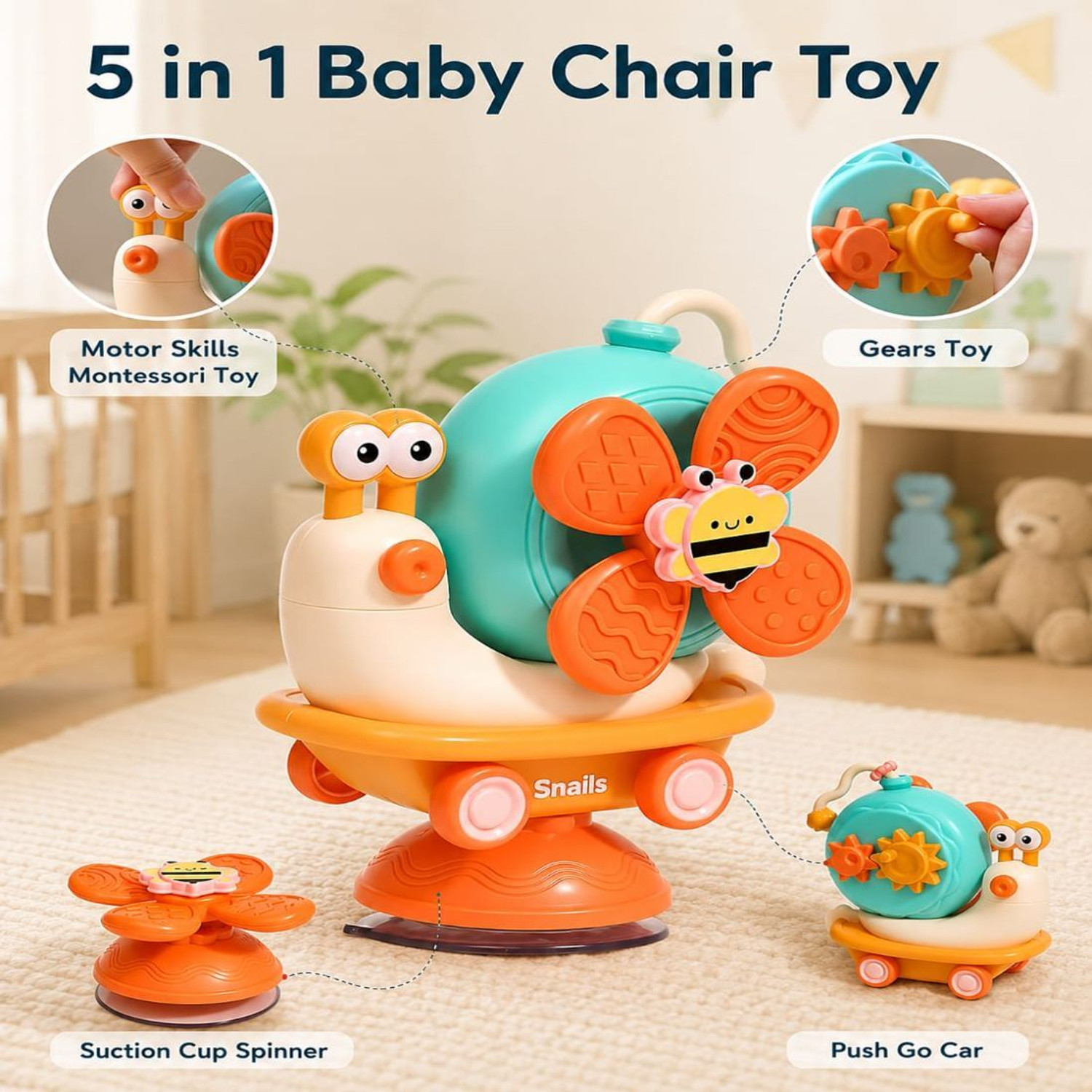 Image of TOYNDIA 5-in-1 Snail Spinner Suction Toy, Boys & Girls-Convertible Friction Powered Car Rattle