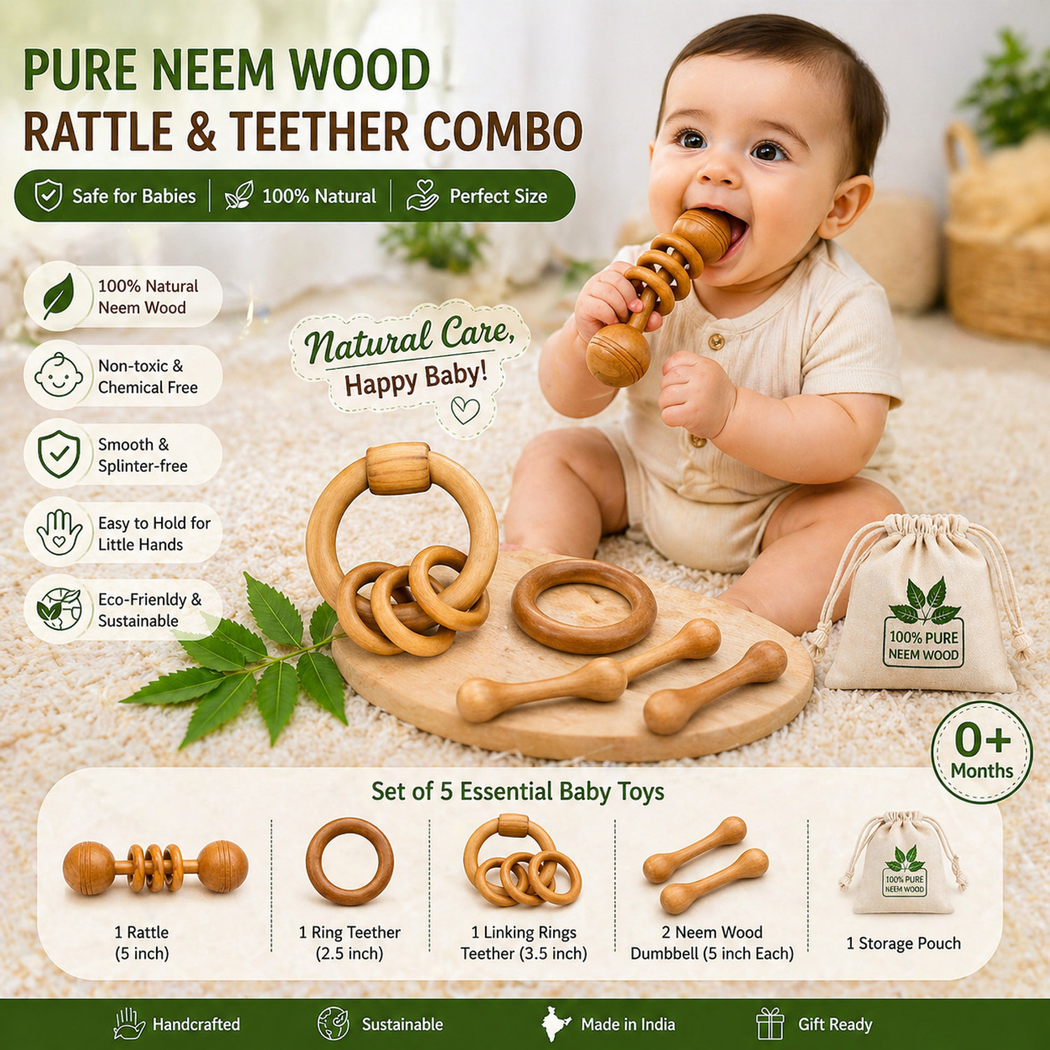 Image of Shreeja Shilpcraft Pure Neem Wood Baby Rattle & Teether Combo Set of 5 Natural Rattle