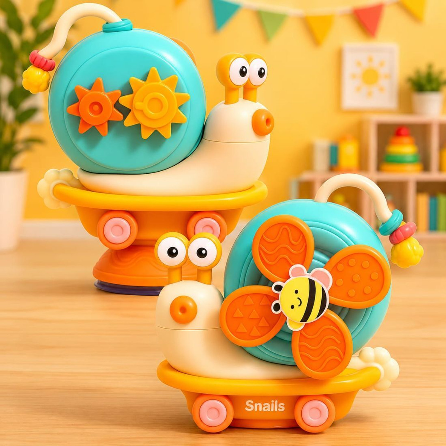 Image of TOYNDIA 5-in-1 Snail Spinner Suction Toy, Boys & Girls-Convertible Friction Powered Car Rattle