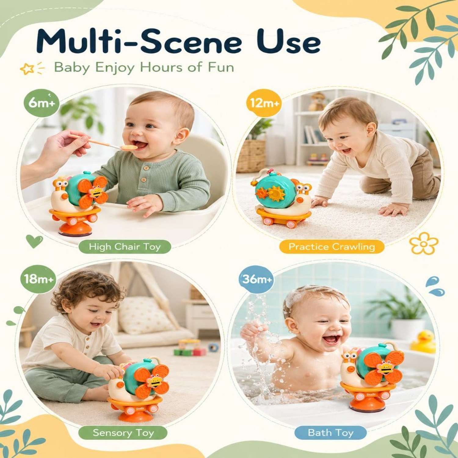 Image of TOYNDIA 5-in-1 Snail Spinner Suction Toy, Boys & Girls-Convertible Friction Powered Car Rattle
