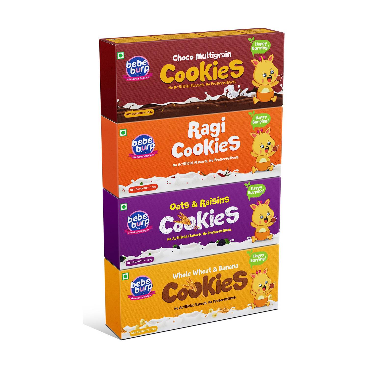 bebe burp Baby Cookies Pack of 4-150g (Choco Multigrain,Oats & Raisins,Ragi,Whole Wheat) Baby Snacks 600 g
