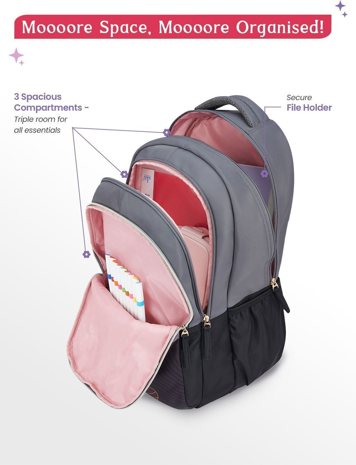 Image of Genie Large 36 L Backpack Emberlit School Backpack For Girls |19 Inch - Black (Multicolor)