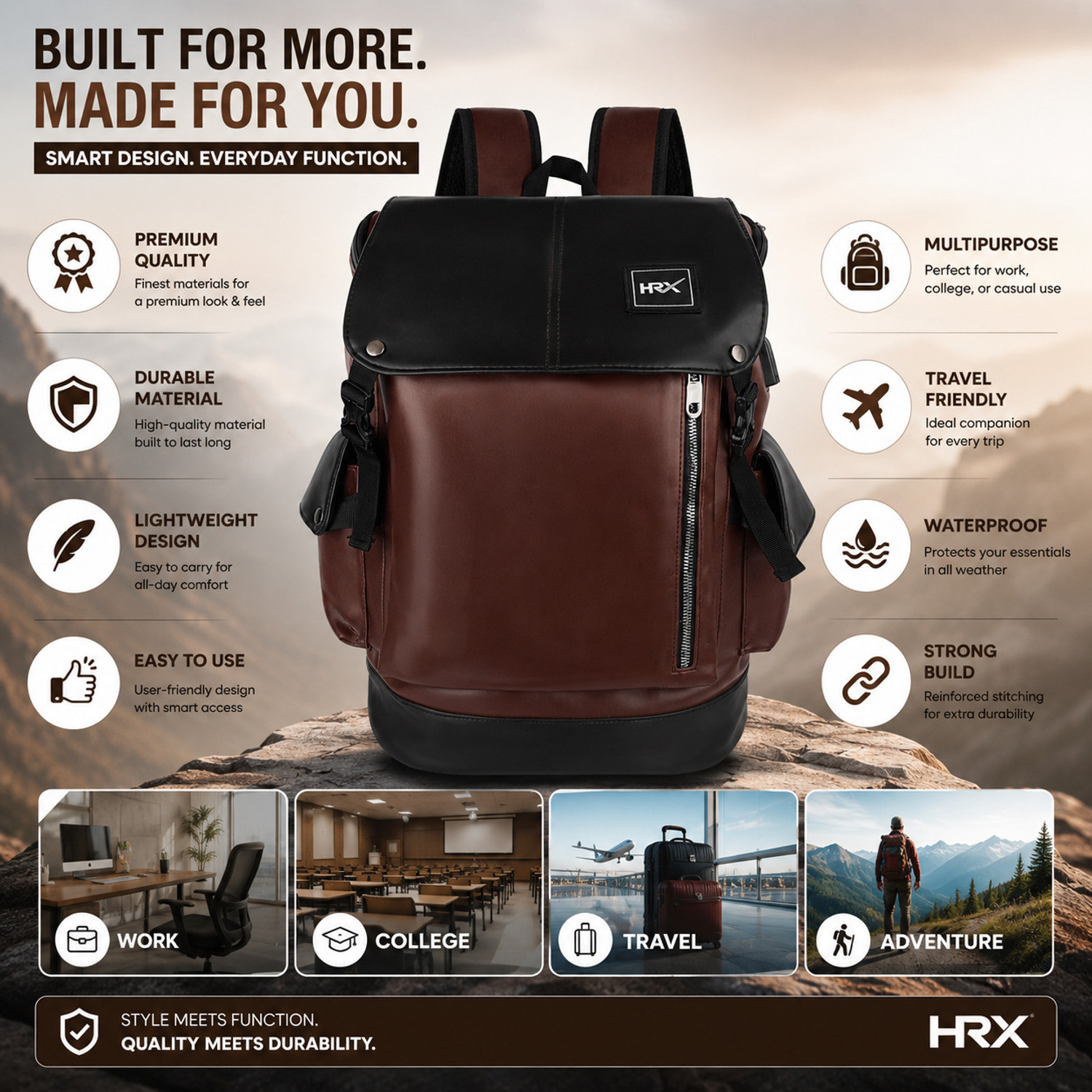 Image of HRX by Hrithik Roshan Leather Laptop Backpack with USB Charging Port Water Resistant Travel Bag 35 L Laptop Backpack