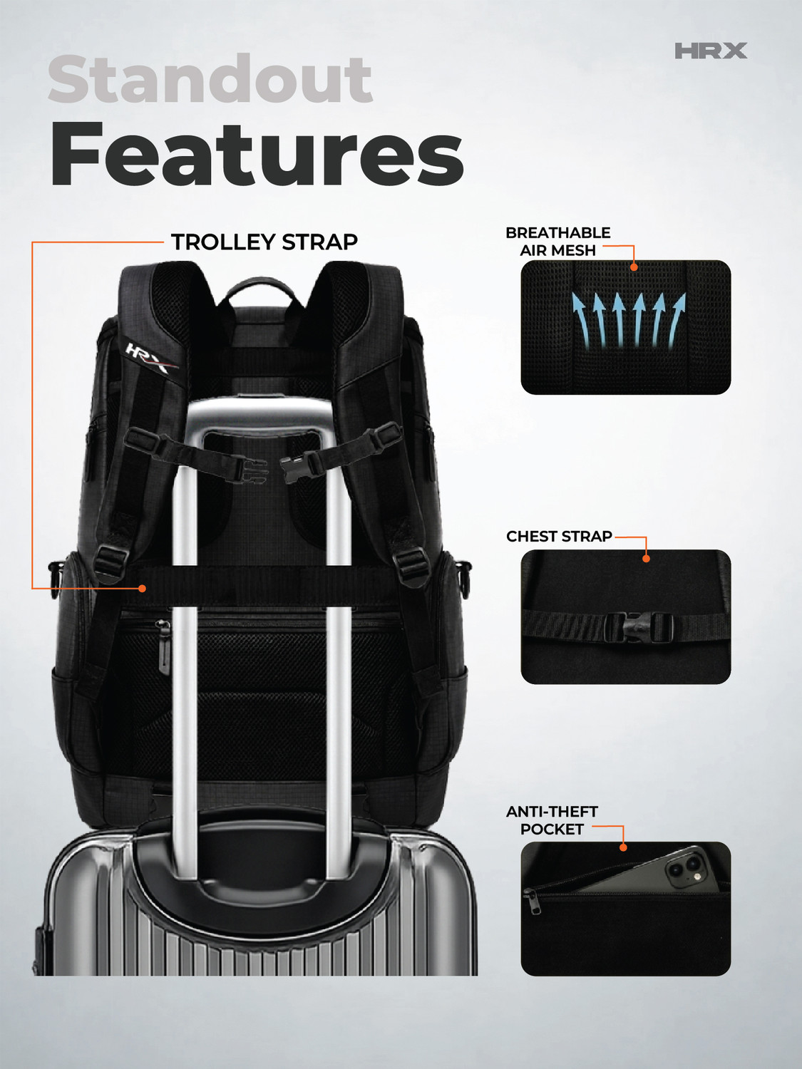 Image of HRX by Hrithik Roshan Keep Going Unisex Bakpack with Anti-Theft & 7 Utility Pockets and Chest Strap 42 L Laptop Backpack
