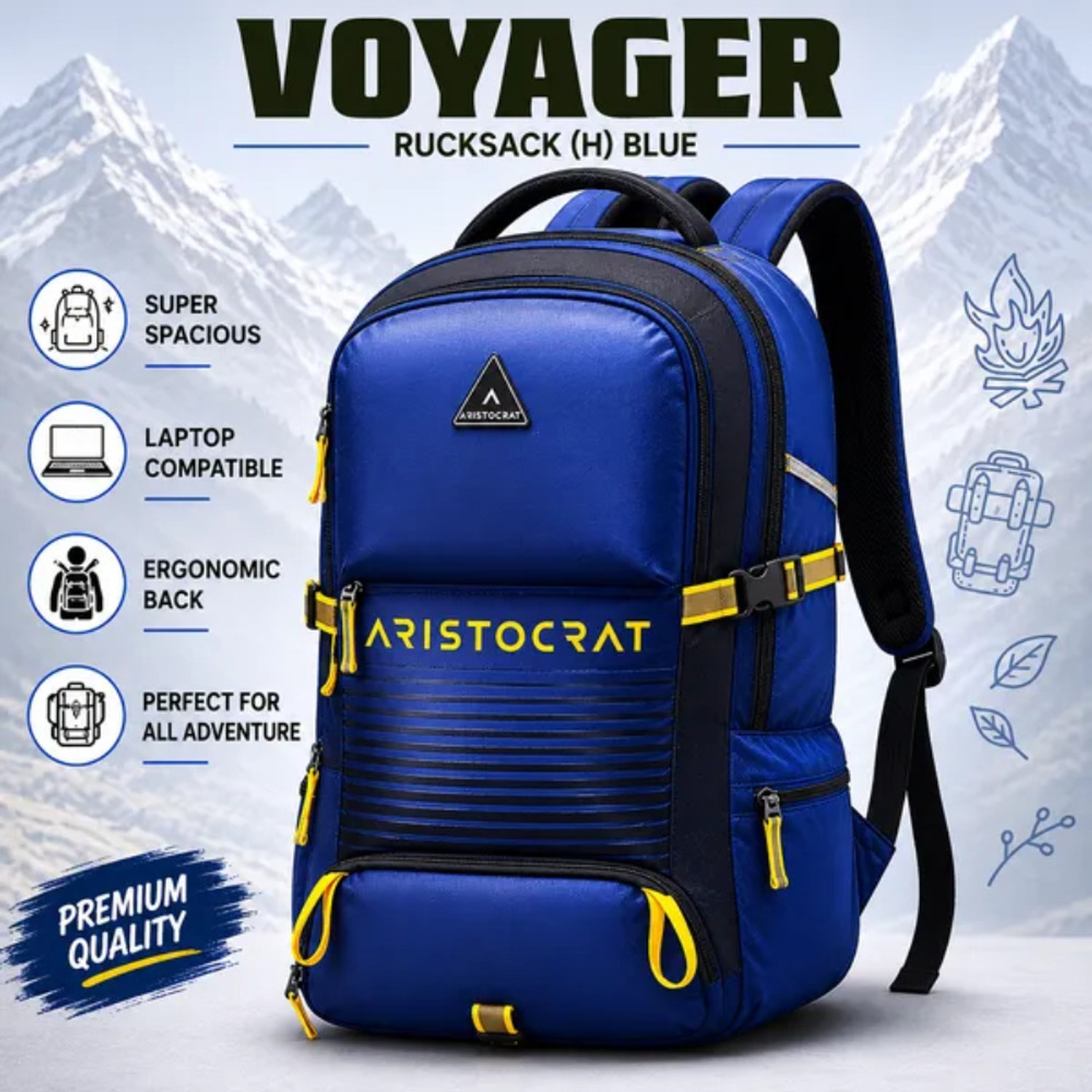 Image of ARISTOCRAT VOYAGER RUCKSACK (H) BLUE Adventure Trekking Hiking Travel Backpack 45 L Backpack