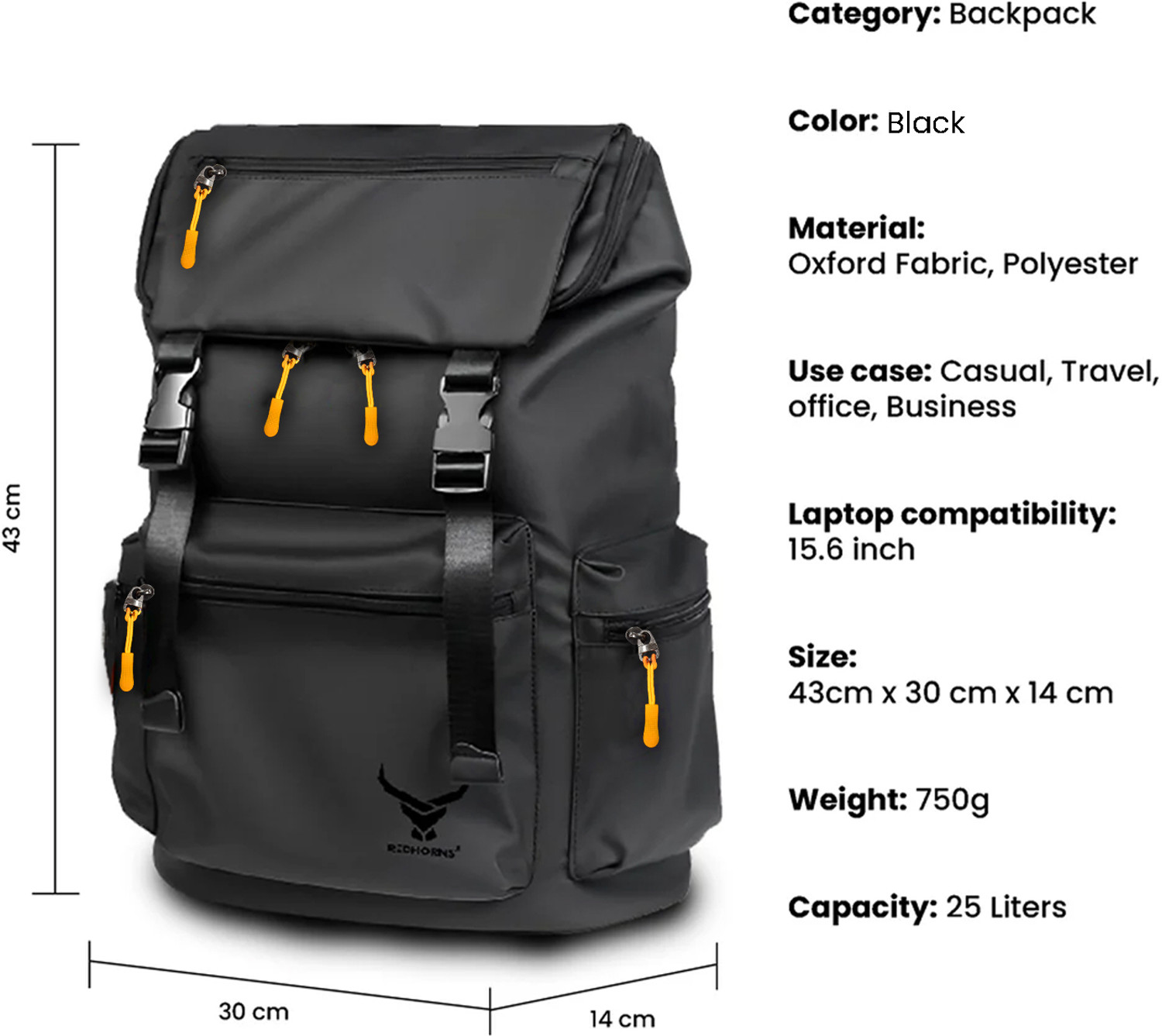 Image of REDHORNS Small 20 L Laptop Backpack Oxford Fabric 15.6-Inch Laptop Backpack for unisex,Anti-Theft Travel Bag (Black)