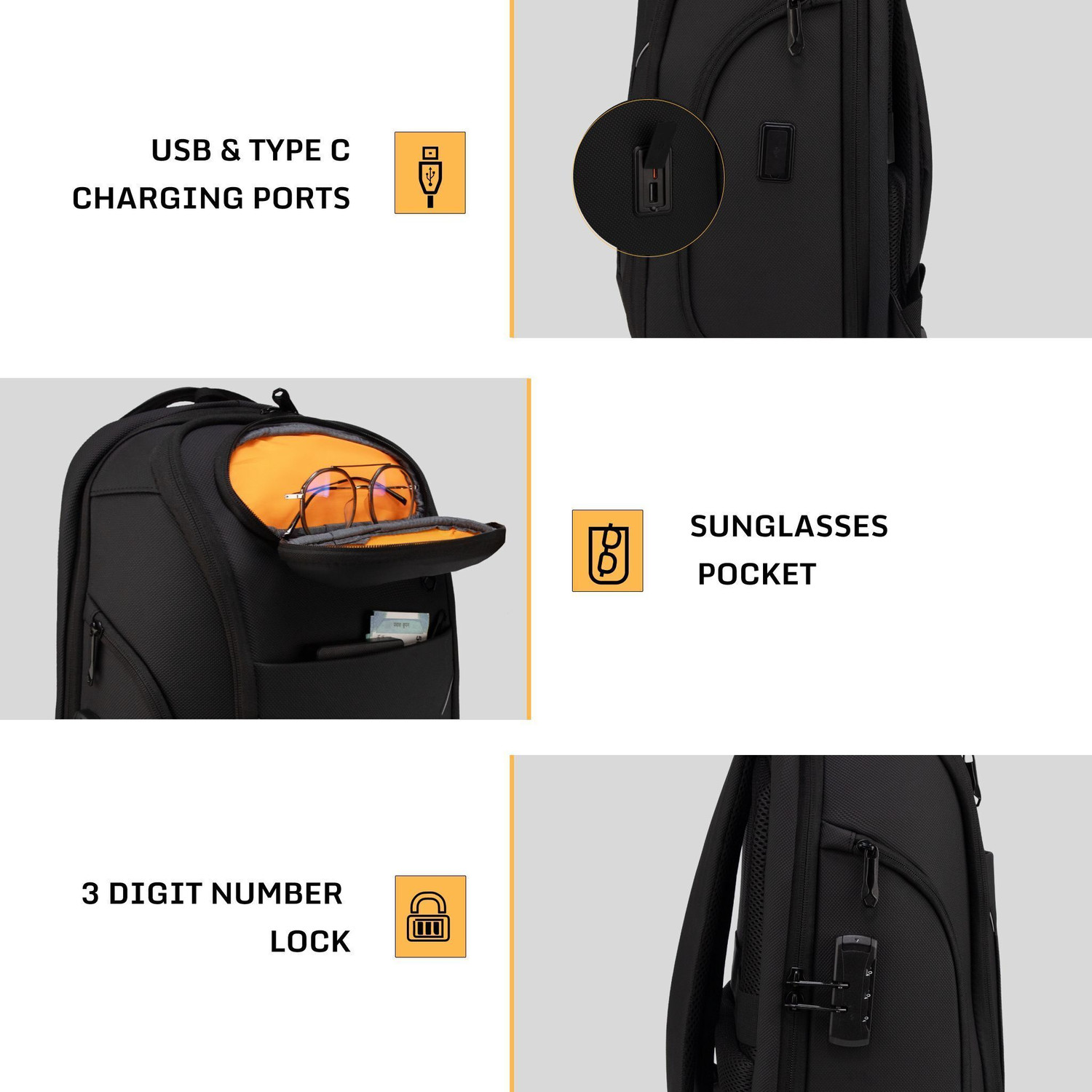 Image of F Gear Hex 30L Black Anti-Theft Laptop Backpack | 17 inch Laptop, USB & Type-C 30 L Laptop Backpack
