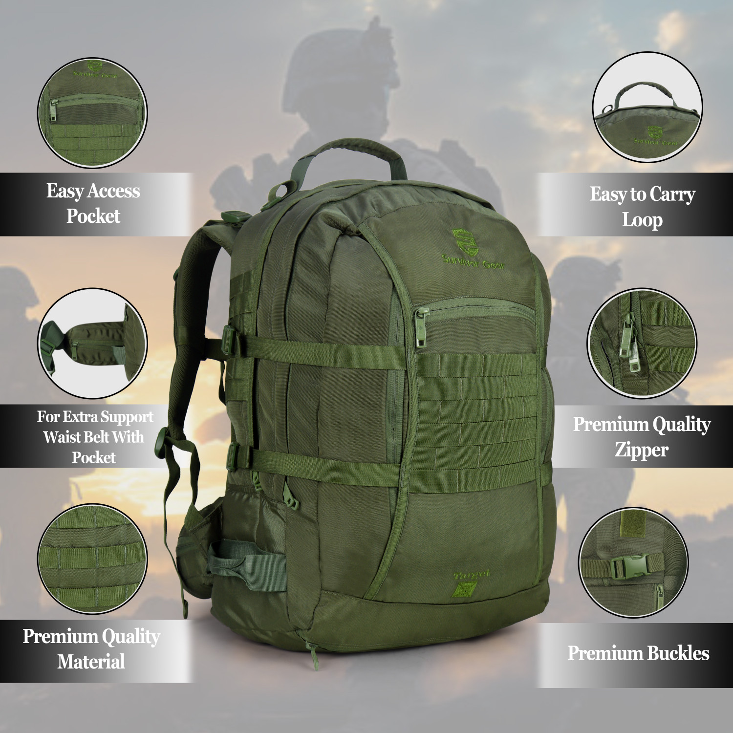 Image of SURVIVOR GEAR target backpack for Alfa Military and army with Large Capacity Multi-Pocket 45 L Backpack