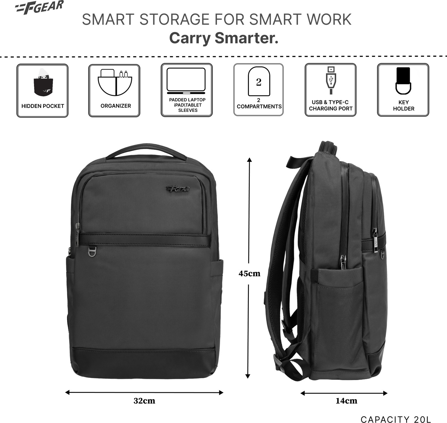 Image of F Gear Hallstat 20L Backpack USB & Type-C Ports|2 spacious Compartments & Hidden Pocket 20 L Laptop Backpack