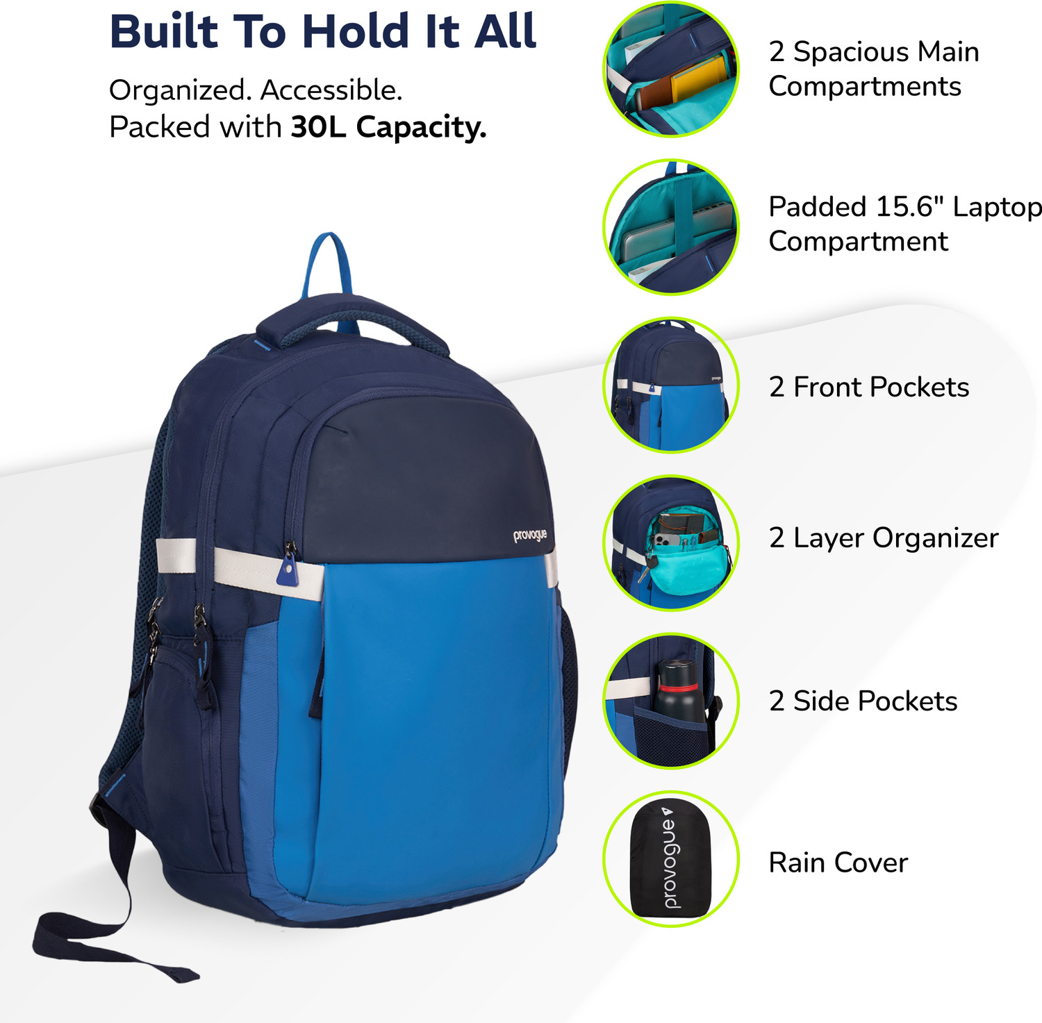 Image of PROVOGUE Urban laptop bag with rain cover, sleeve,Blue, 30 Ltr 30 L Laptop Backpack