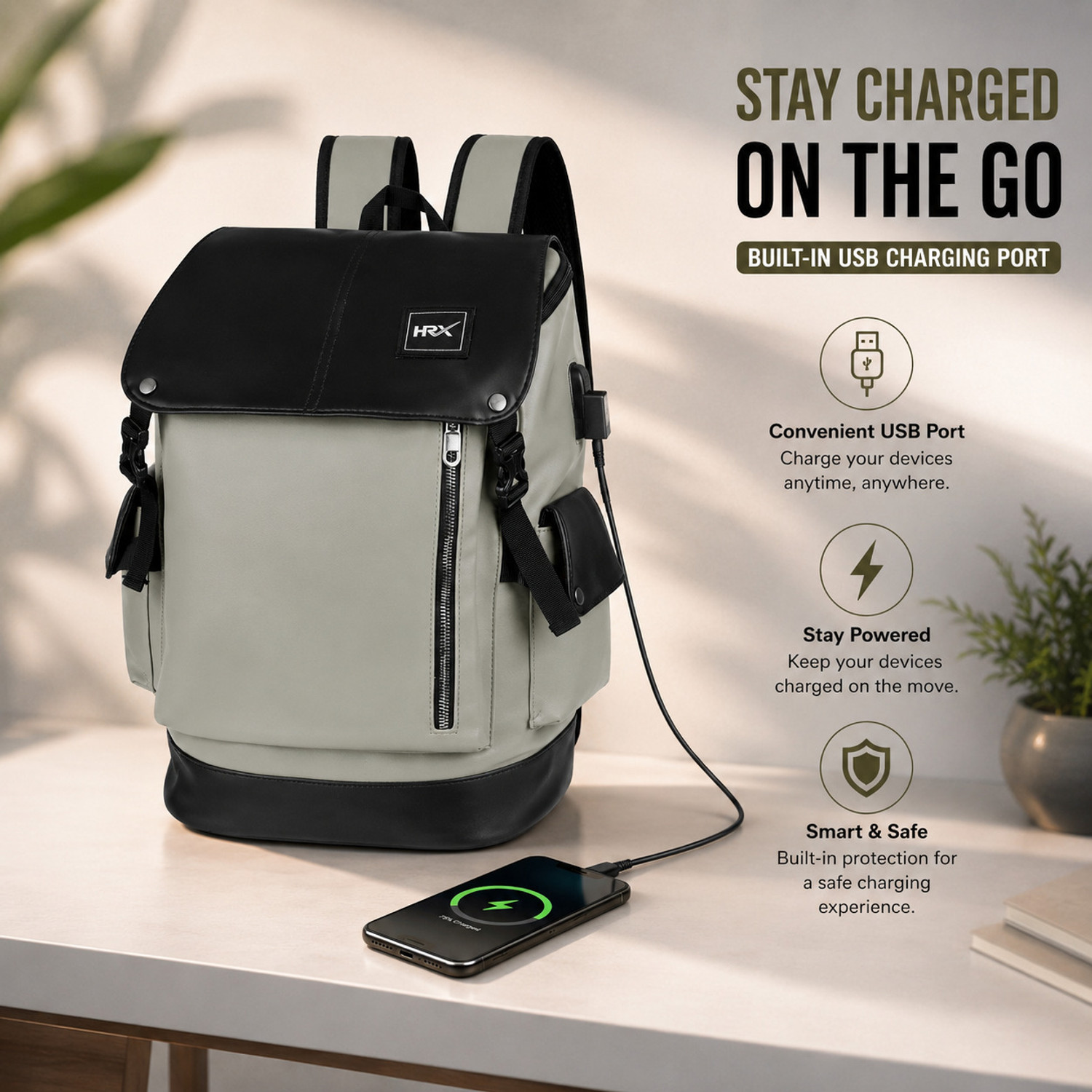 Image of HRX by Hrithik Roshan Leather Laptop Backpack with USB Charging Port Water Resistant Travel Bag 35 L Laptop Backpack