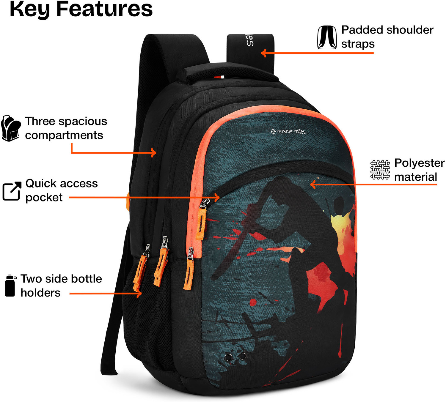 Image of NASHER MILES Cricket Backpack for Men & Women | 3 compartment / Casual / College Bag | 45L 45 L Backpack