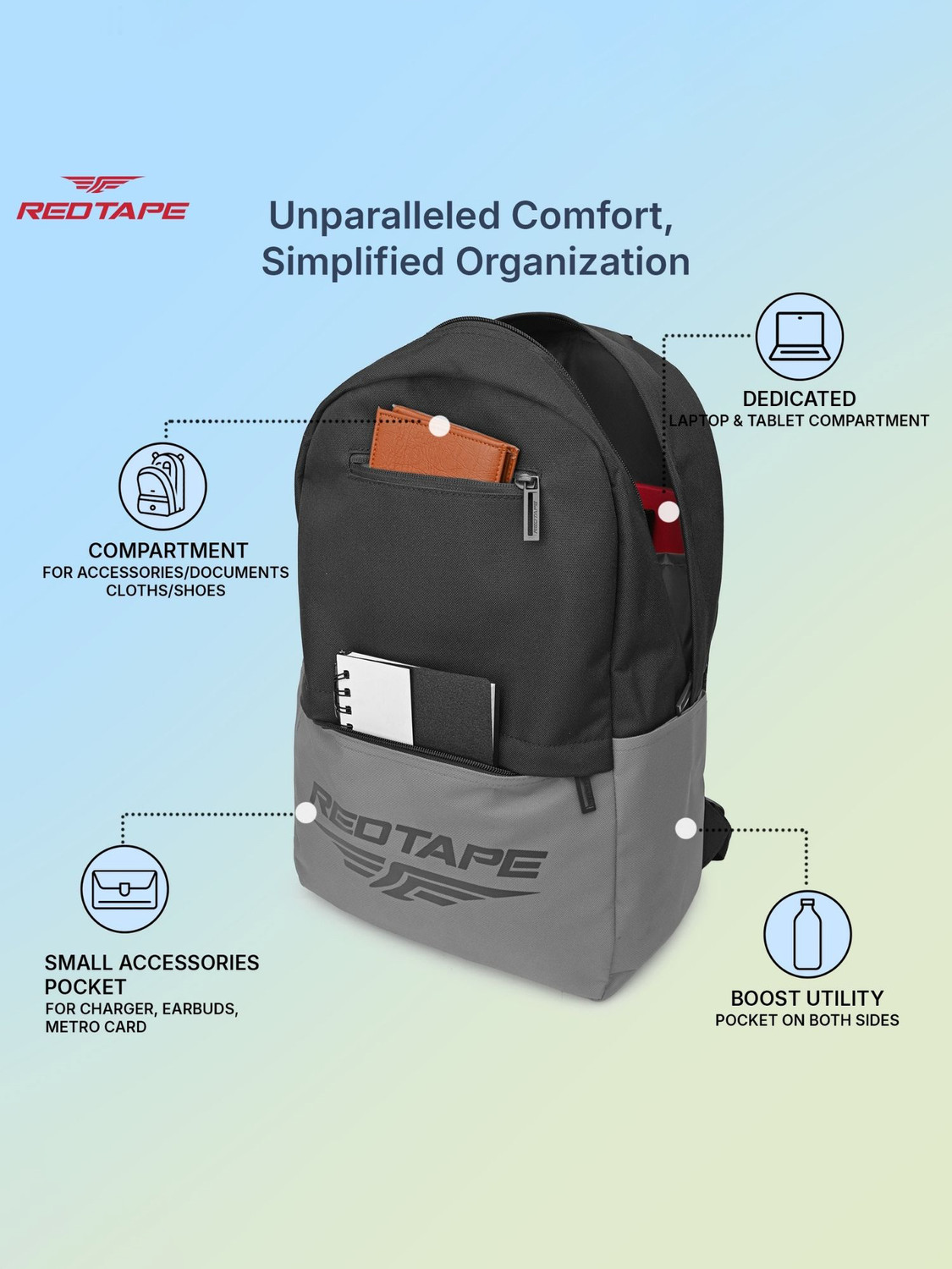 Image of RED TAPE Black Grey Boys & Unisex Polyester Backpack | School, College & Office Bag 21.5 L Laptop Backpack