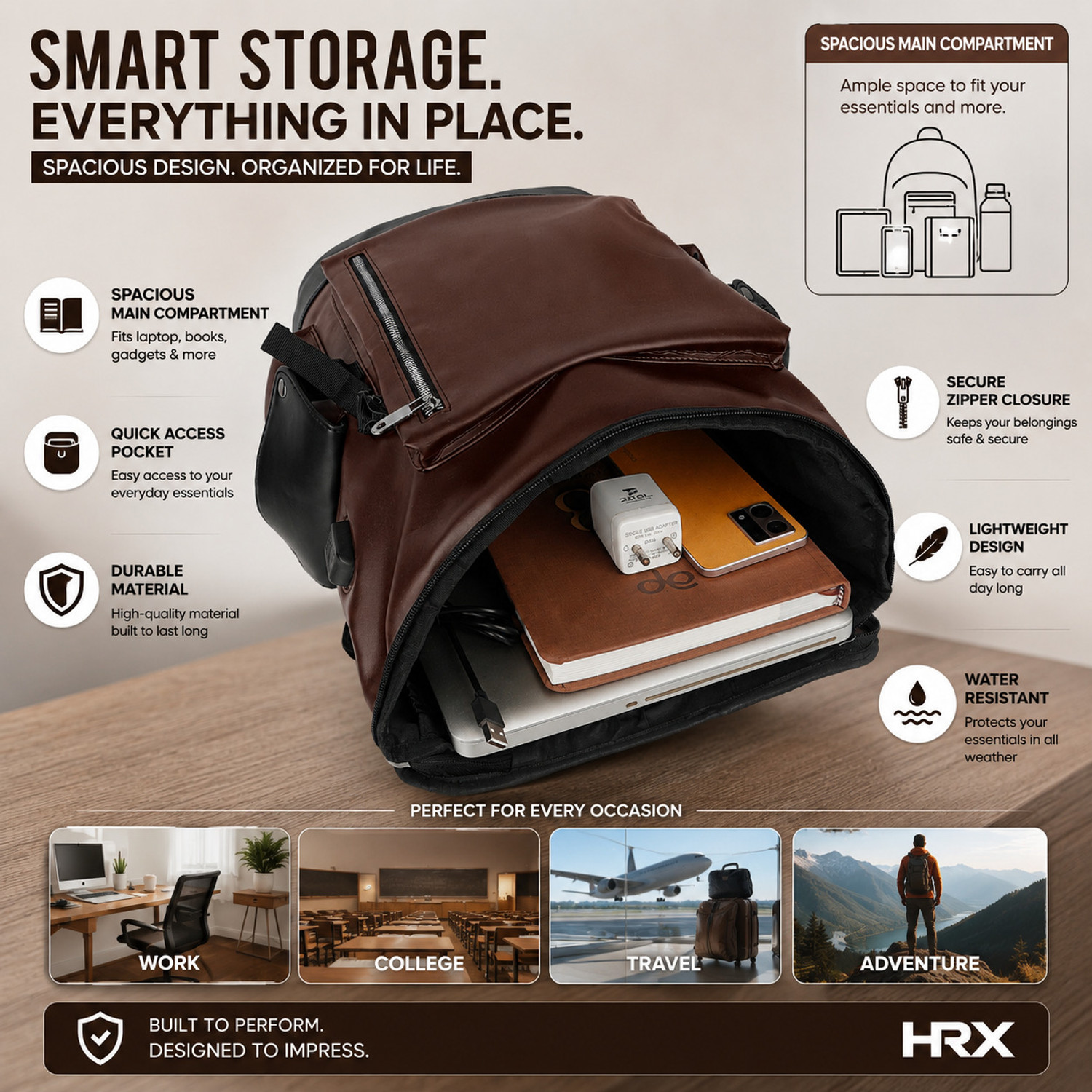 Image of HRX by Hrithik Roshan Leather Laptop Backpack with USB Charging Port Water Resistant Travel Bag 35 L Laptop Backpack